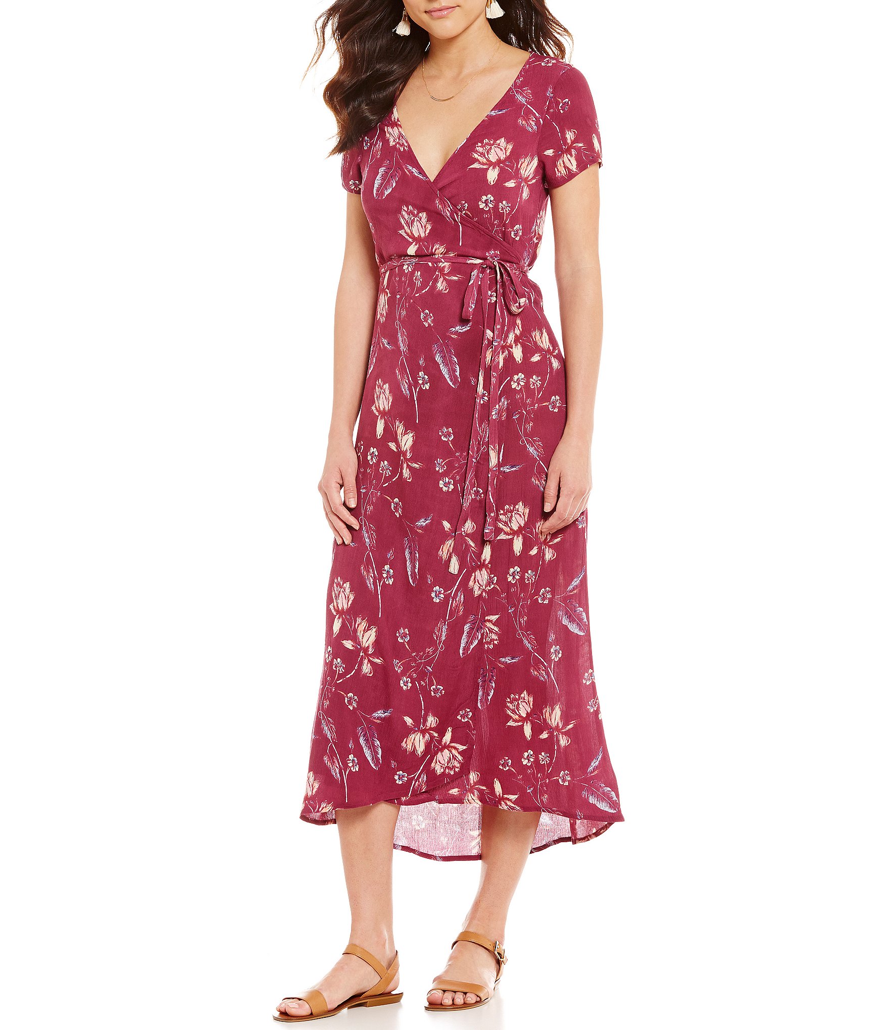 Billabong Wrap Me Up Floral-Printed V-Neck Short-Sleeve Wrap Midi Dress ...