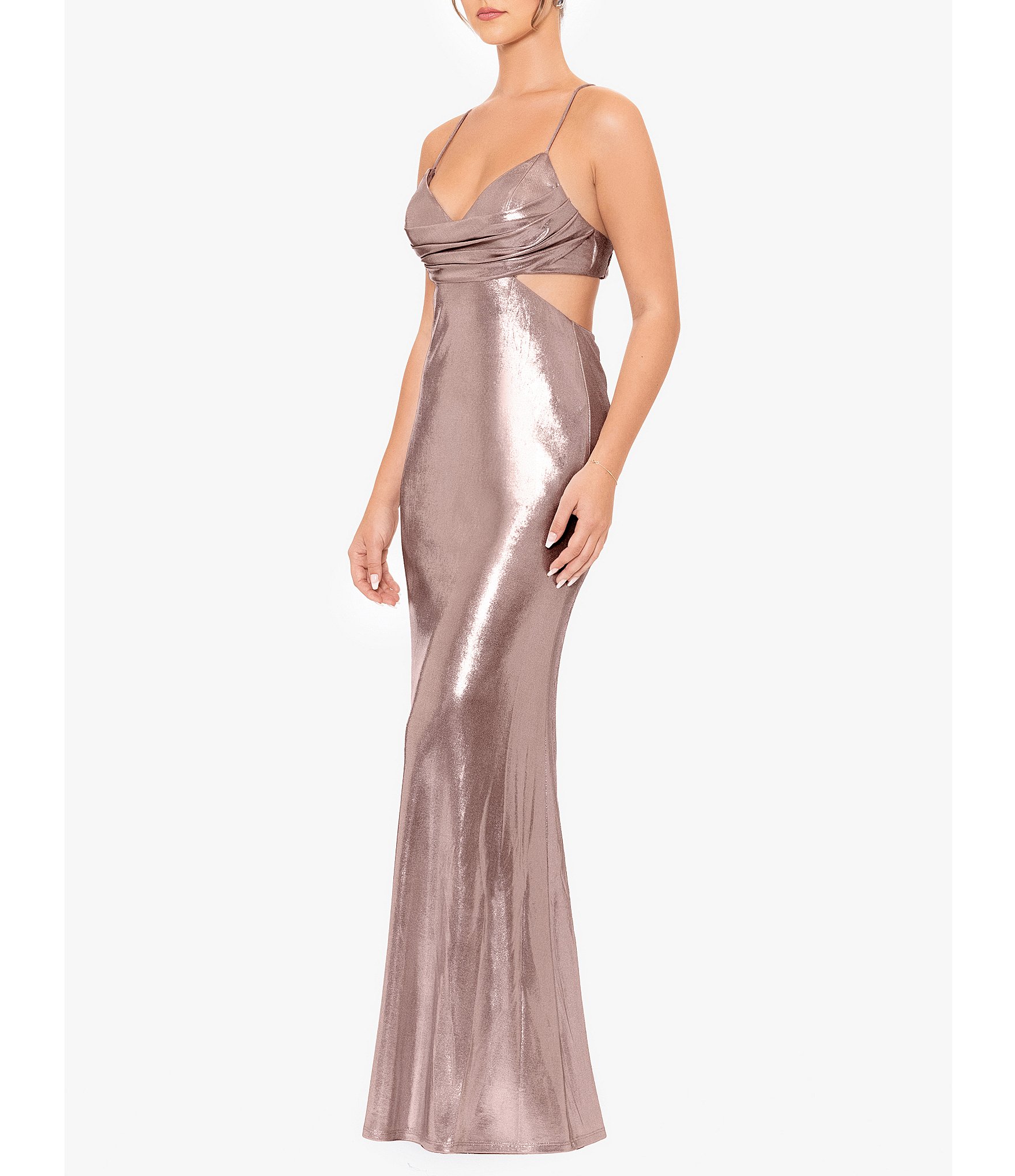 Blondie Nites Drape Neck Long Metallic Gown Dillard s