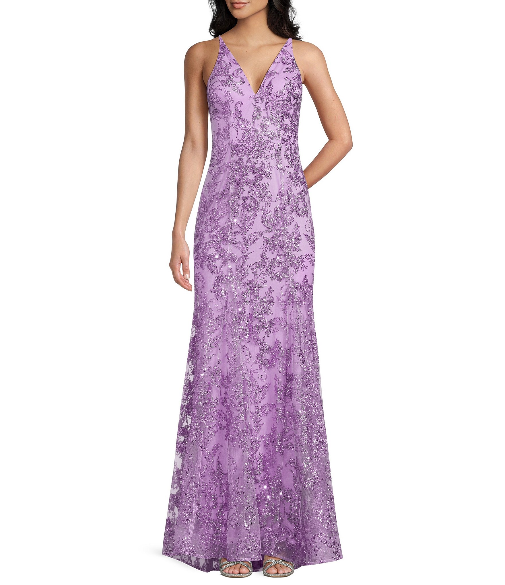 Blondie Nites Glitter Sequined Leaf Pattern V-Neck Sleeveless Tie Back Gown