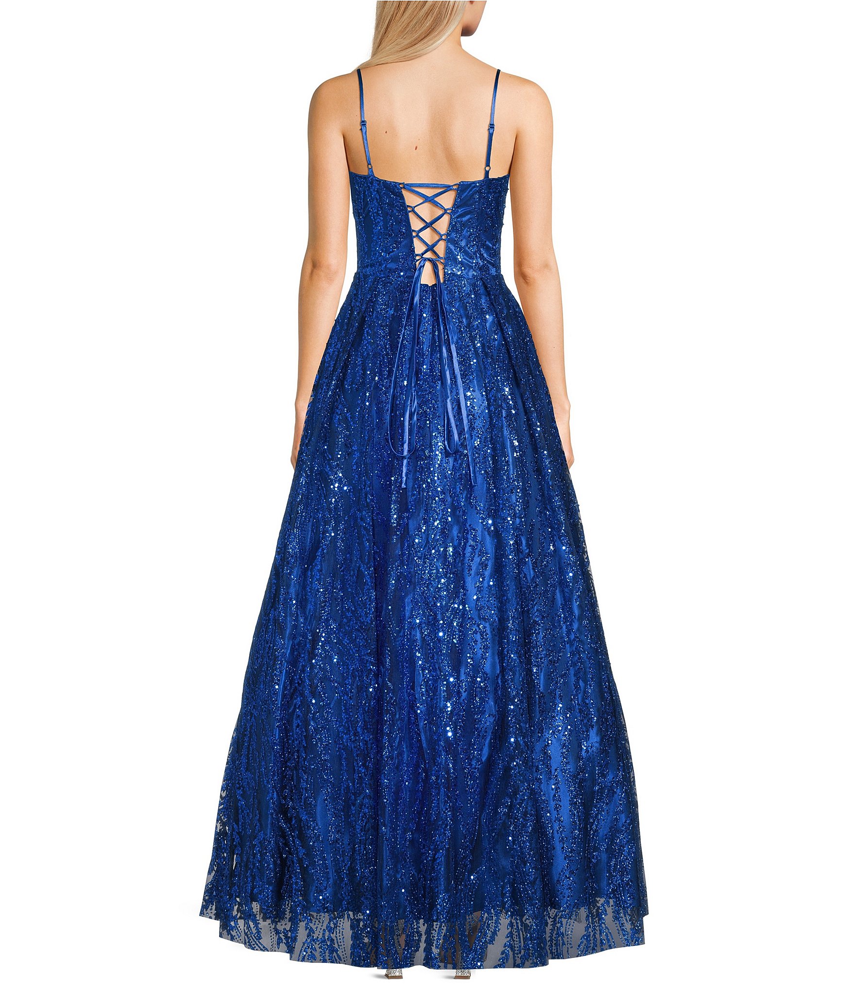 Blondie Nites Glitter Mesh Patterned V-Neck Corseted Bodice Long Dress