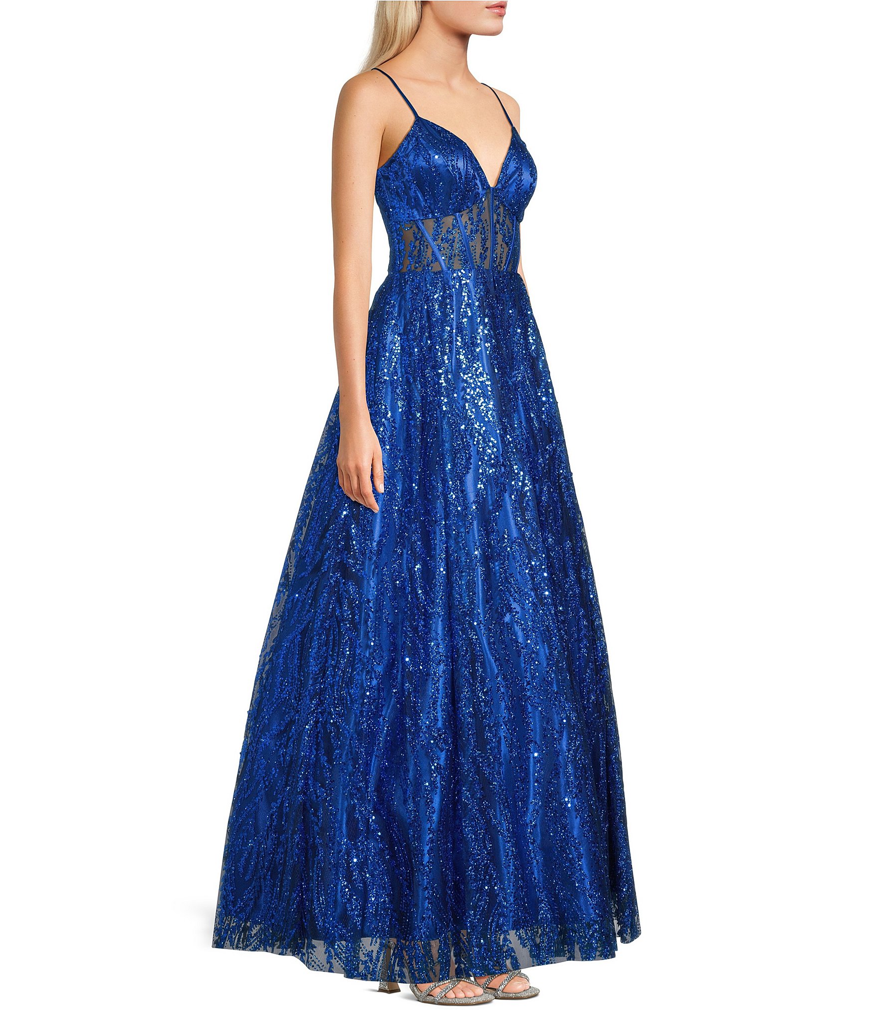 Blondie Nites Glitter Mesh Patterned V-Neck Corseted Bodice Long Dress