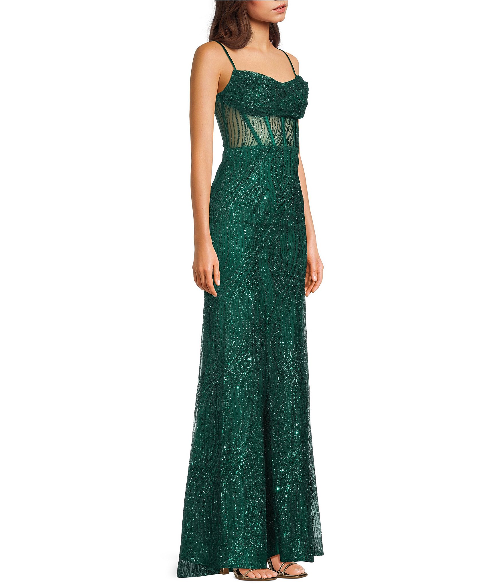 Blondie Nites Glitter Patterned Drape Neck Illusion Corset Ballgown