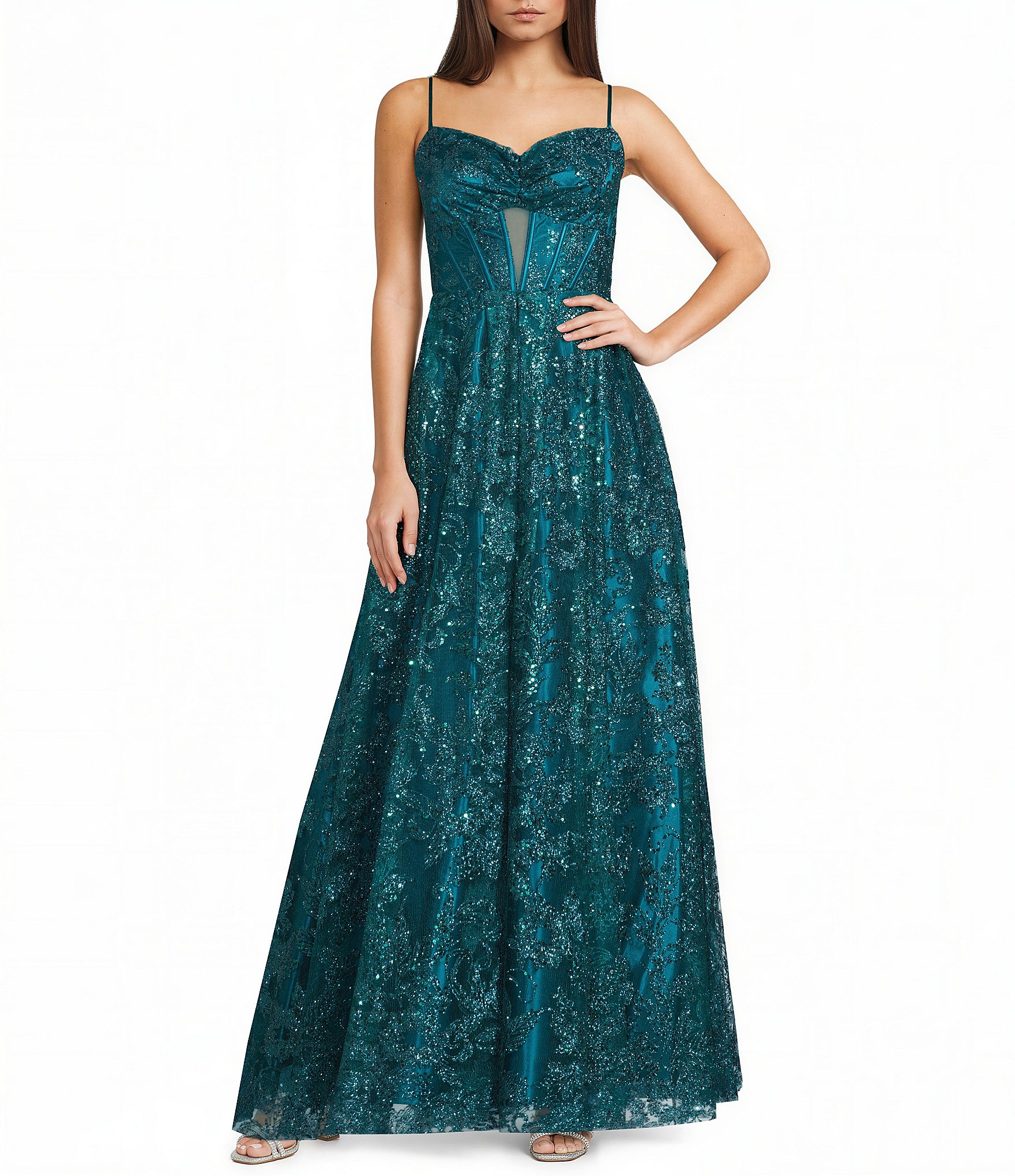 Blondie Nites Glitter Patterned Pinch Front Illusion Sleeveless Tie Back Corseted Dress