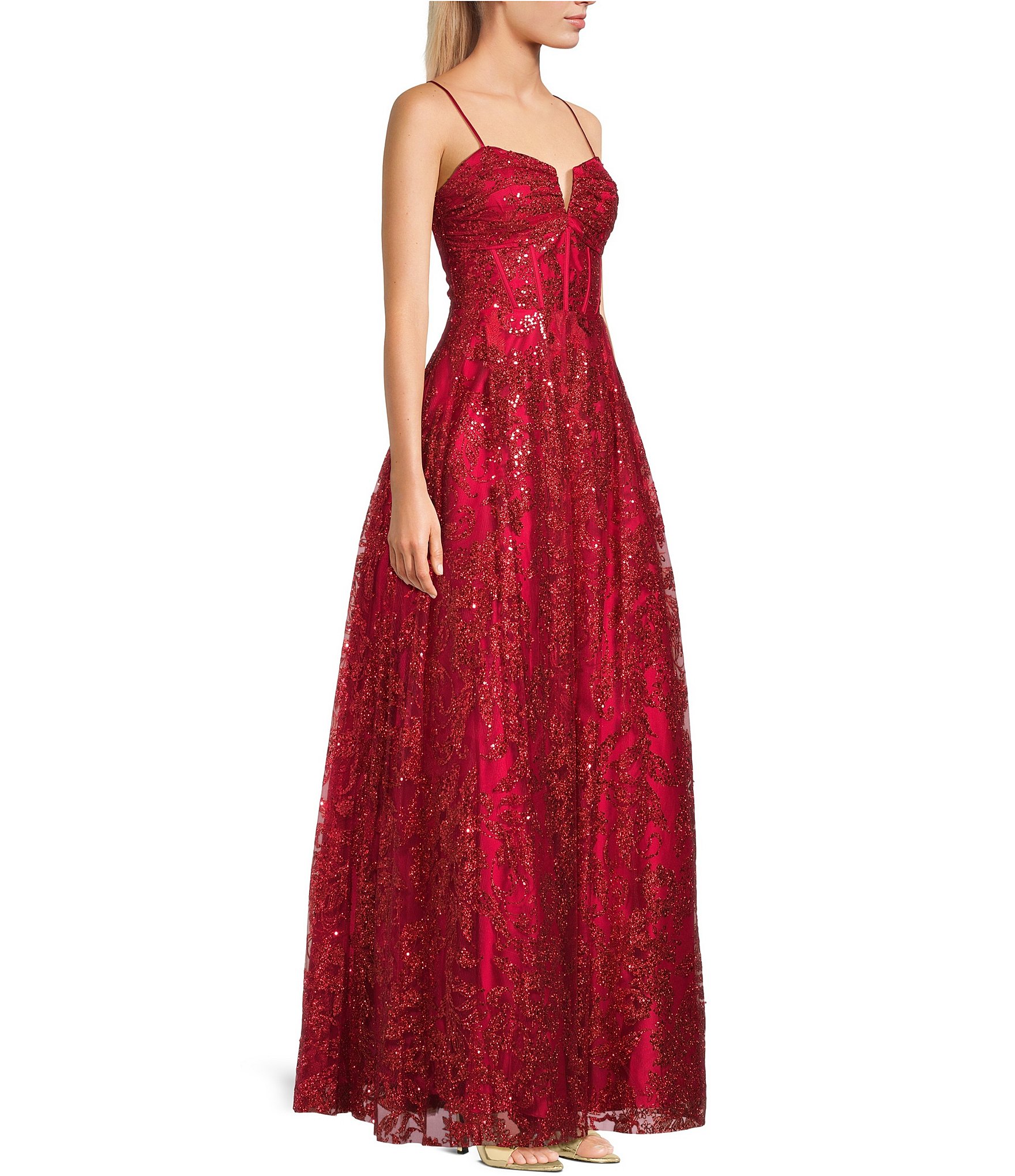 Blondie Nites Glitter Sequin Accent Notch Front Lace Up Back Ball Gown