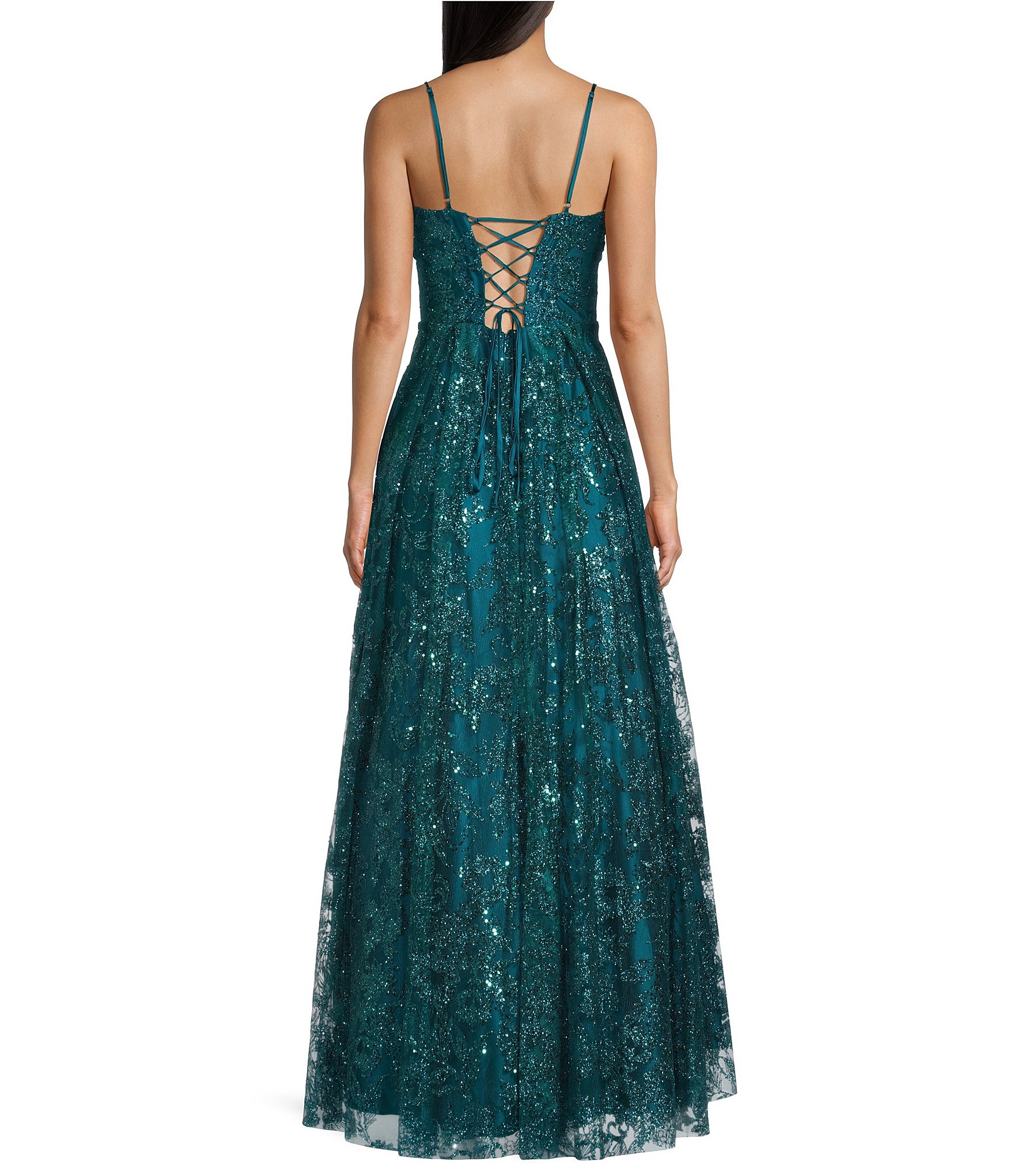 Blondie Nites Glitter Sequin Accent Notch Front Lace Up Back Ball Gown