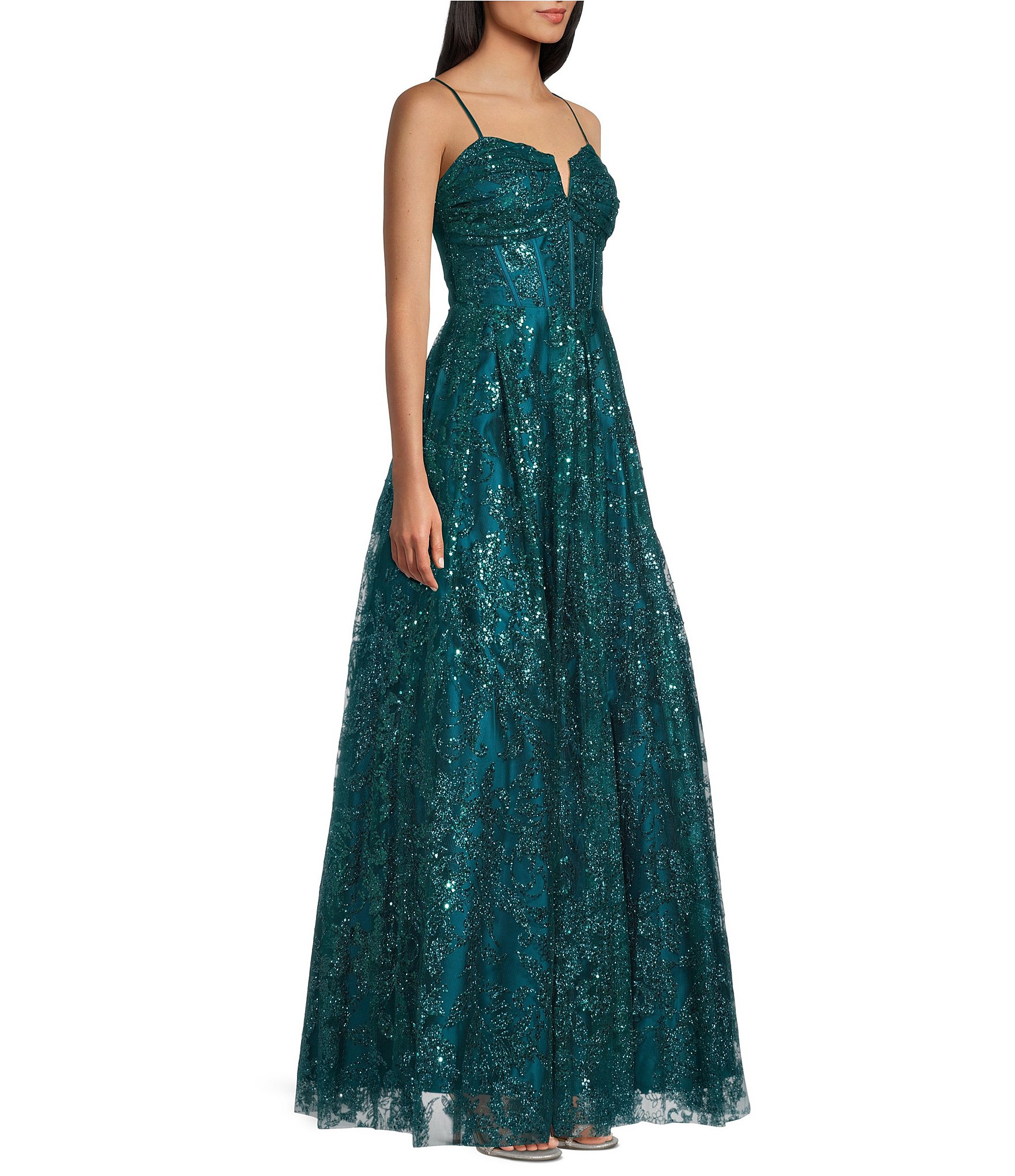 Blondie Nites Glitter Sequin Accent Notch Front Lace Up Back Ball Gown