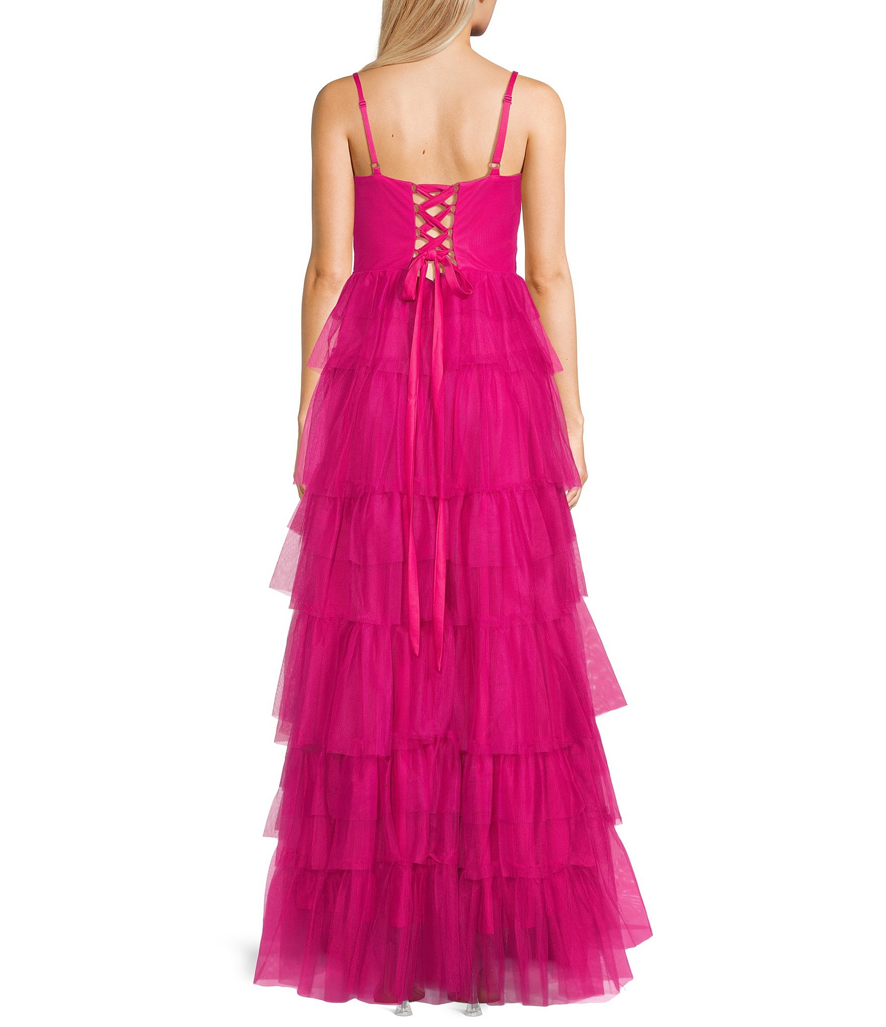 Blondie Nites Mesh Bow Cutout Sweetheart Neck Tie Back Tiered Ball Gown