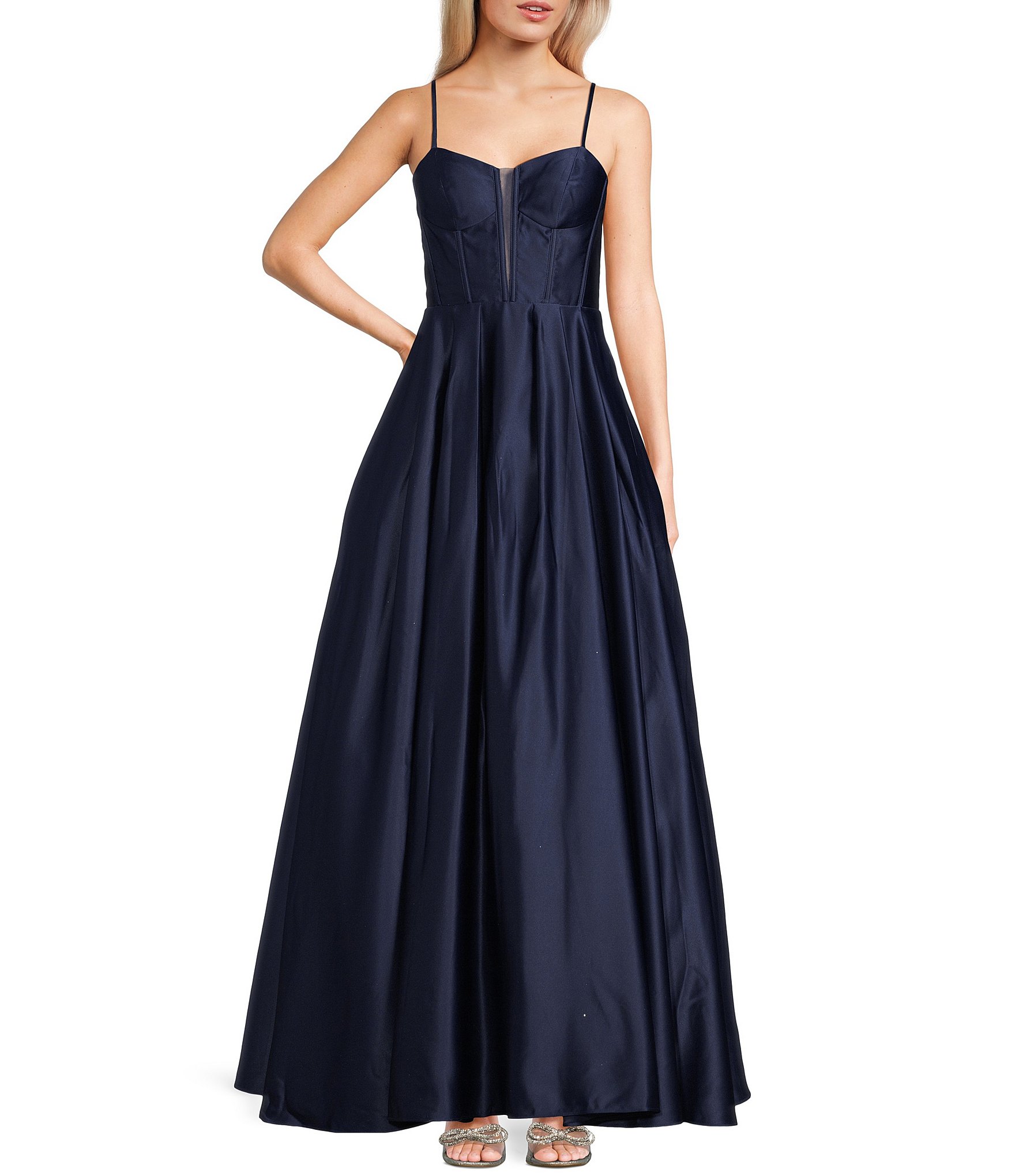 Blondie Nites Satin Illusion V-Neck Ball Gown | Dillard's