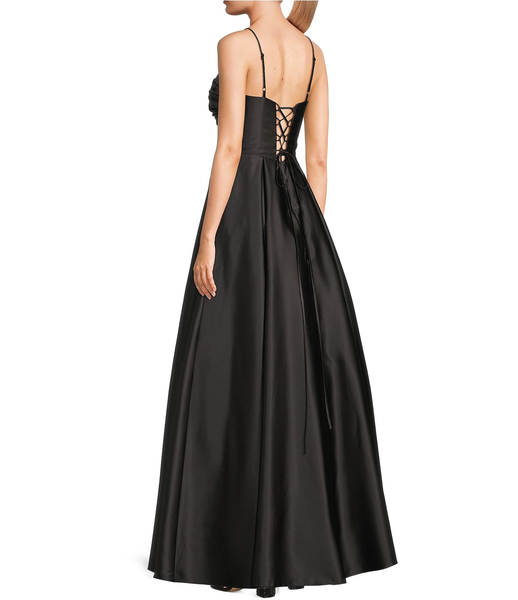 Blondie Nites Satin V-Notch Front Spaghetti Strap Tie Back Gown