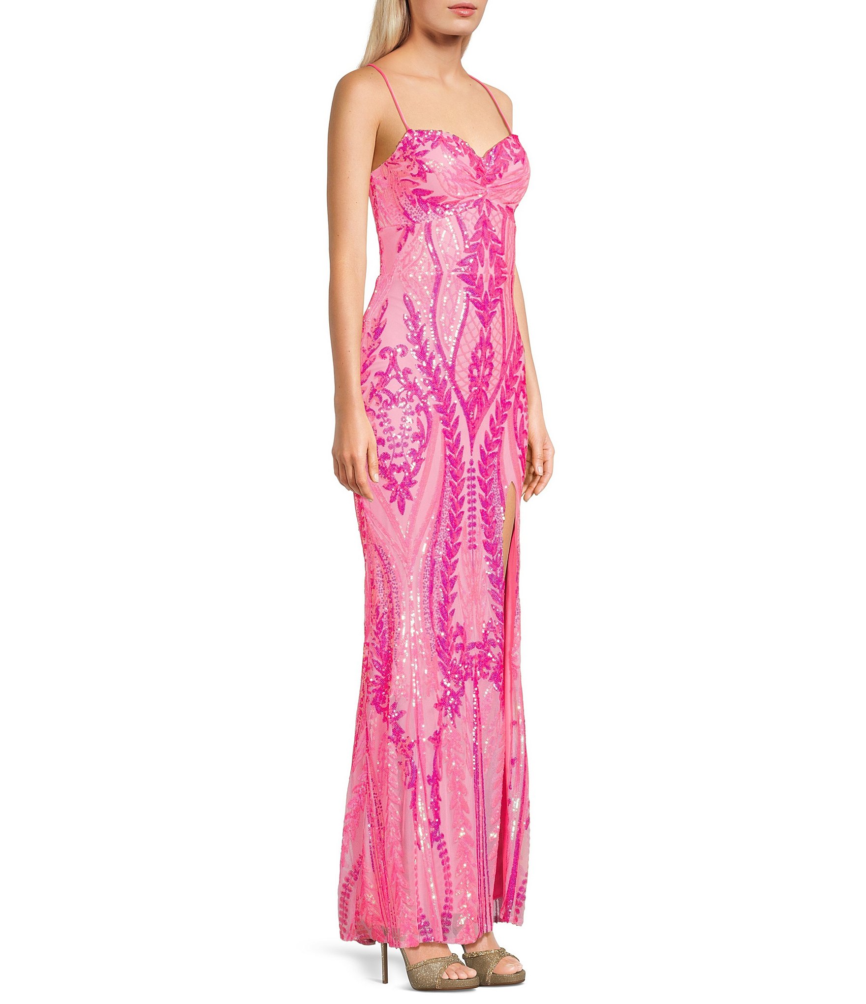 Blondie Nites Sequin Patterned Pinch Front Lace Up Back Side Slit Dress