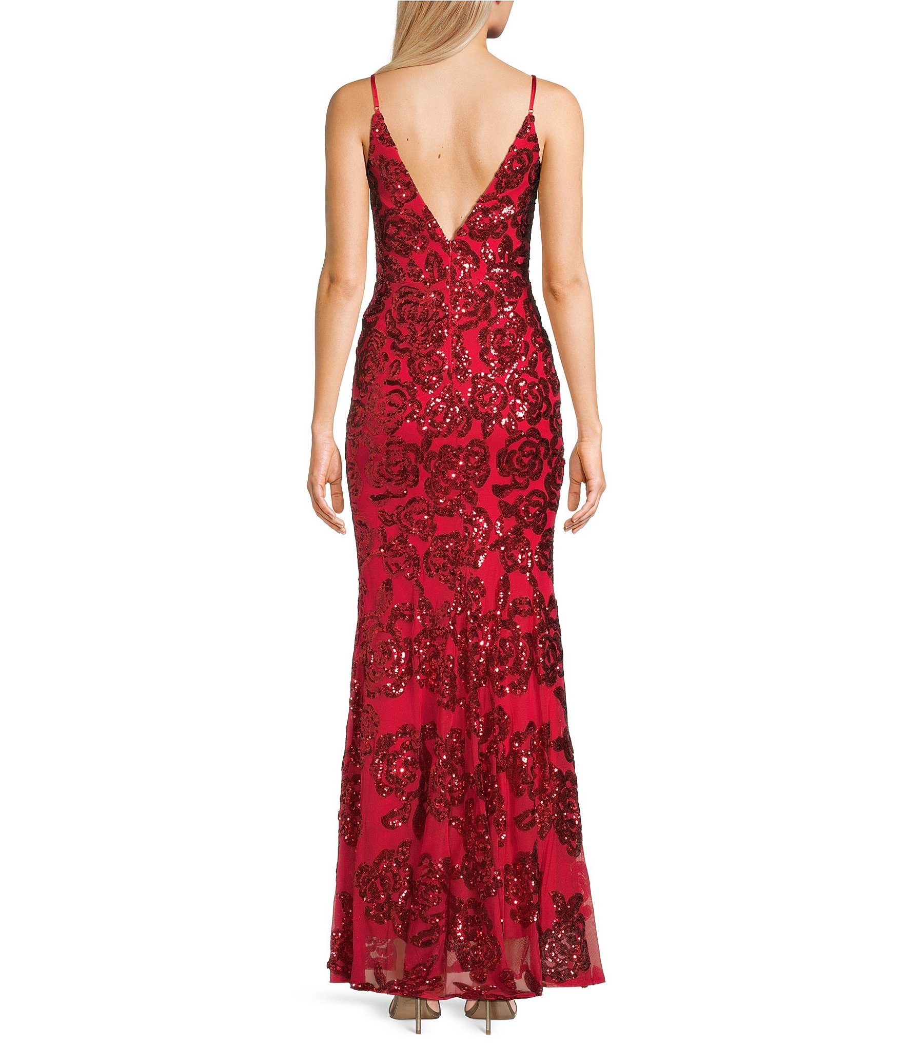 Blondie Nites Sequin Rose Patterned Notch Front V-Back Long Dress