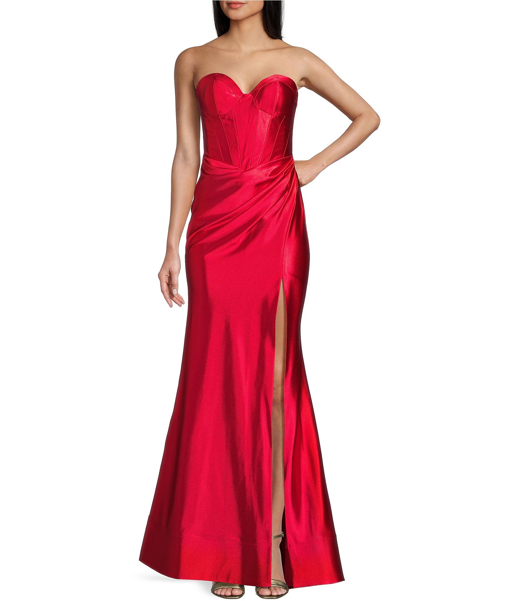 open lace back dress Red Sequin Lace Prom Dress with Slit, Ruffled Off-The-Shoulder Evening Dress main image 0