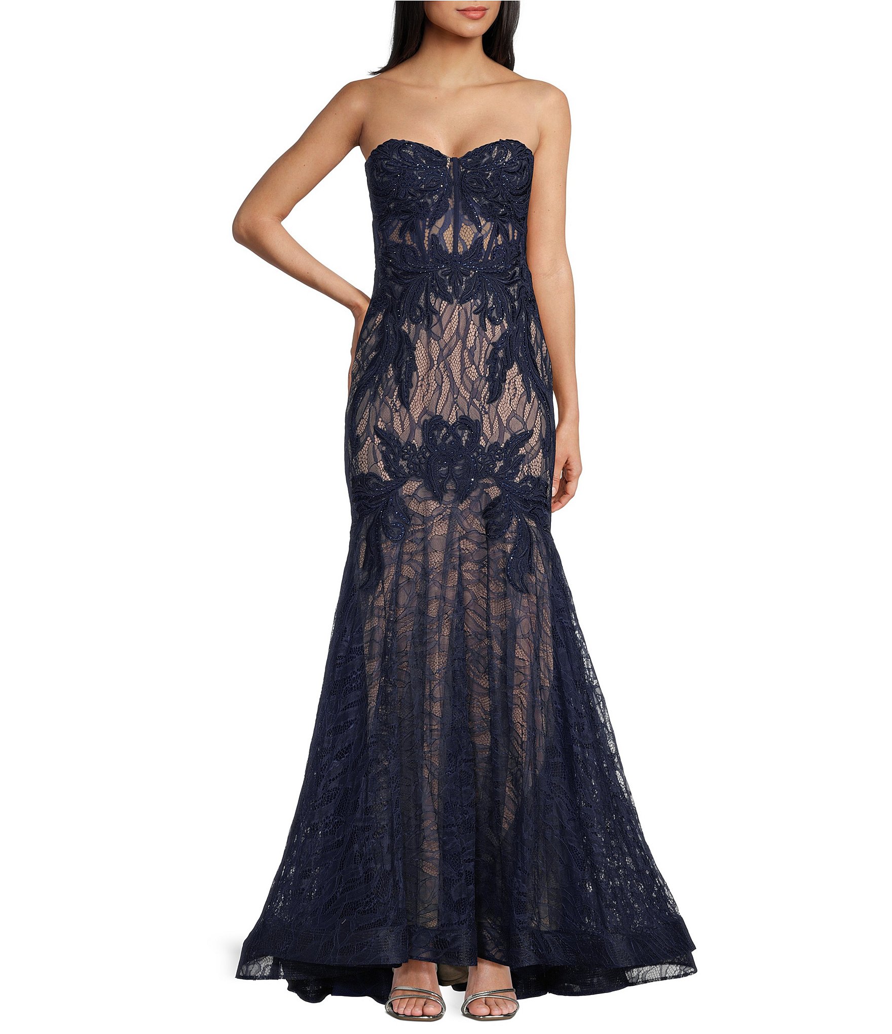 Blondie Nites Strapless Embellished Lace Tie Back Mermaid Gown | Dillard's