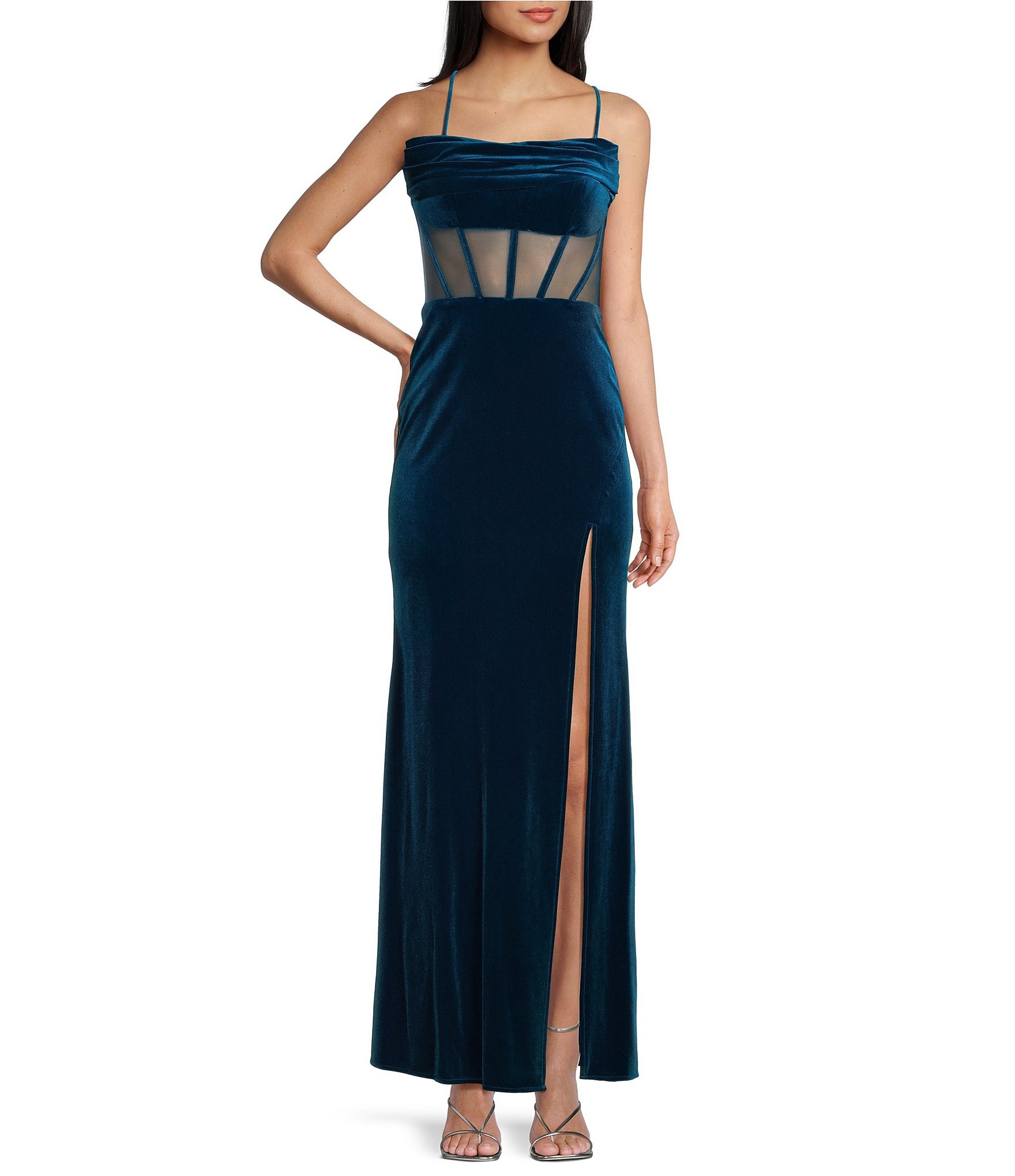 Blondie Nites Velvet Cowl Neck Illusion Mesh Corset Long Dress | Dillard's