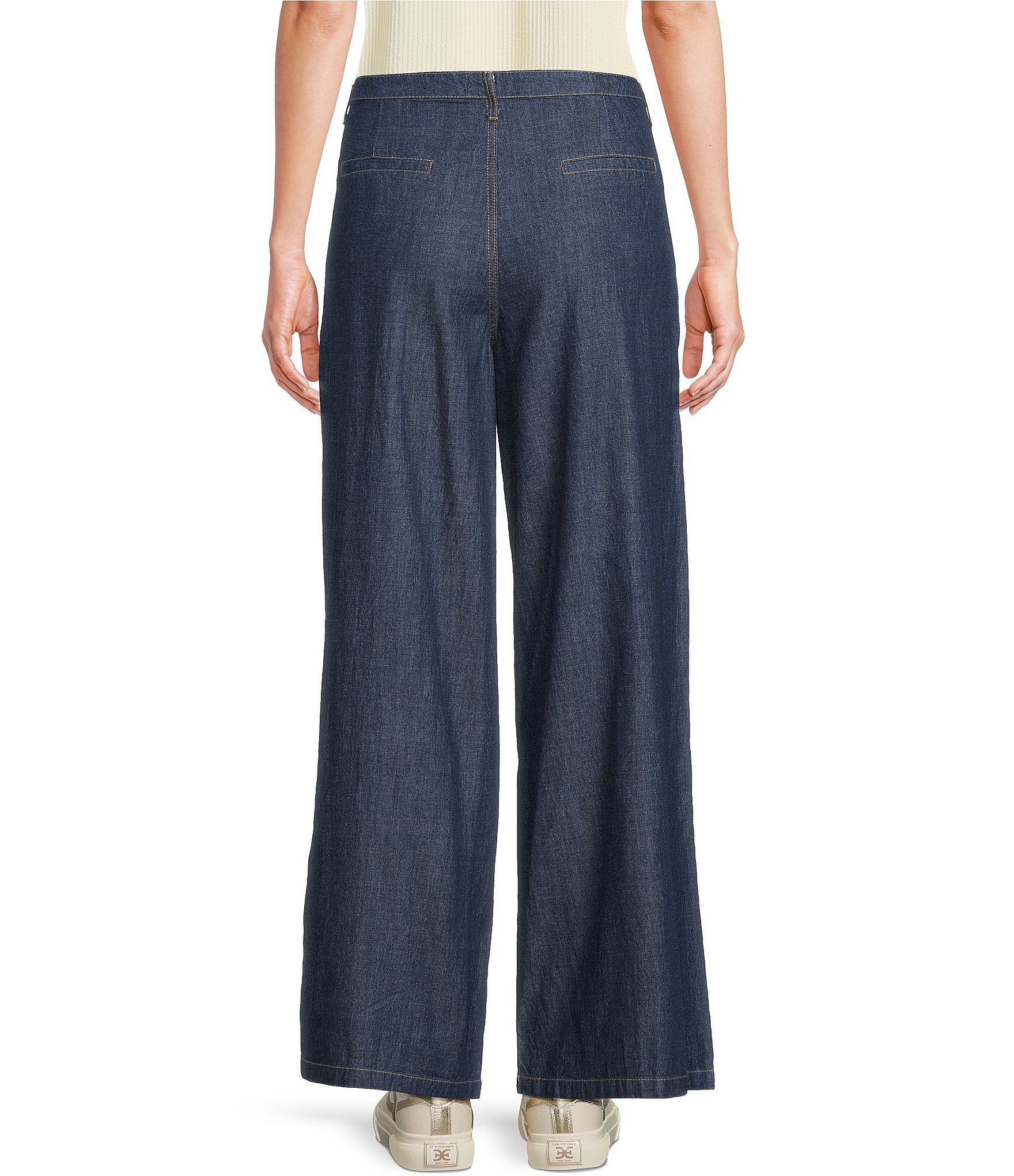 Blu Pepper Chambray Mid Rise Flat Front Wide Leg Pants