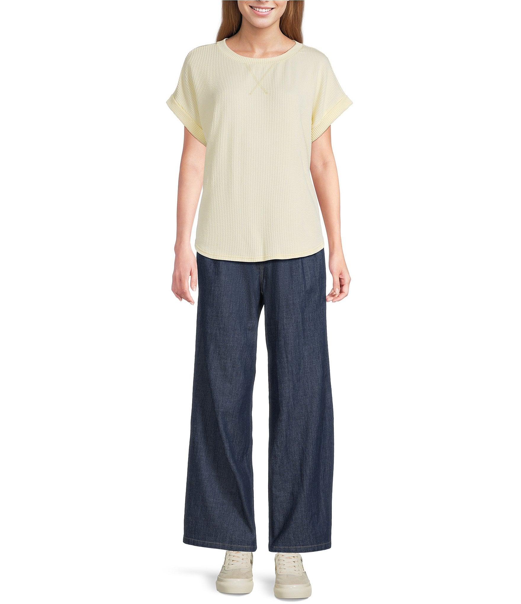 Blu Pepper Chambray Mid Rise Flat Front Wide Leg Pants