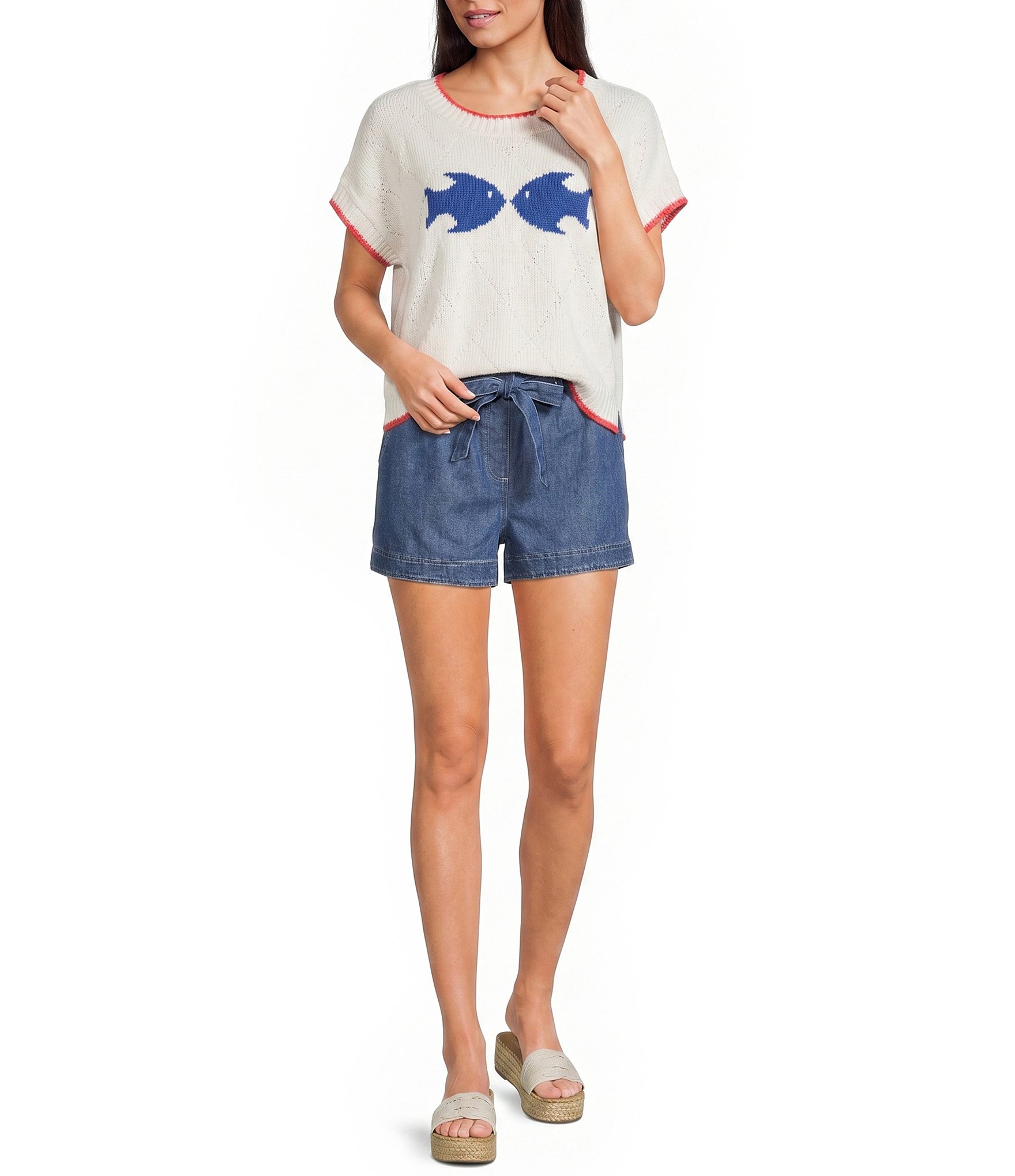 Blu Pepper Fish Short Sleeve Contrast Trim Sweater