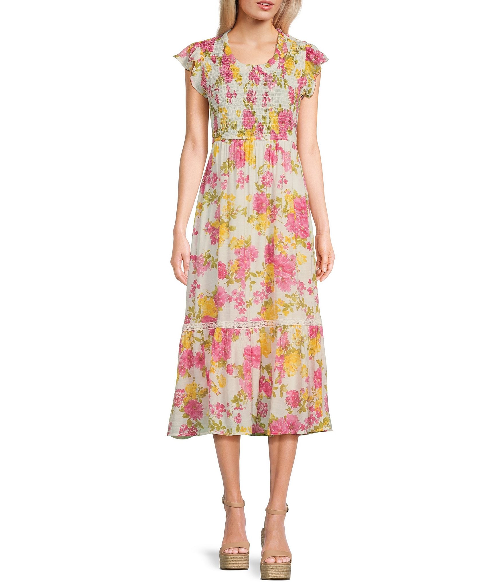 Blu Pepper Floral Print Smocked Midi Dress | Dillard's