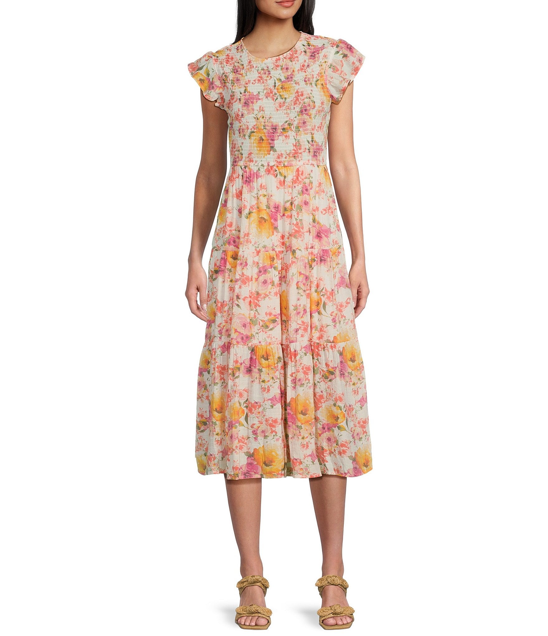 Blu Pepper Floral Print Smocked Tiered Midi Dress | Dillard's