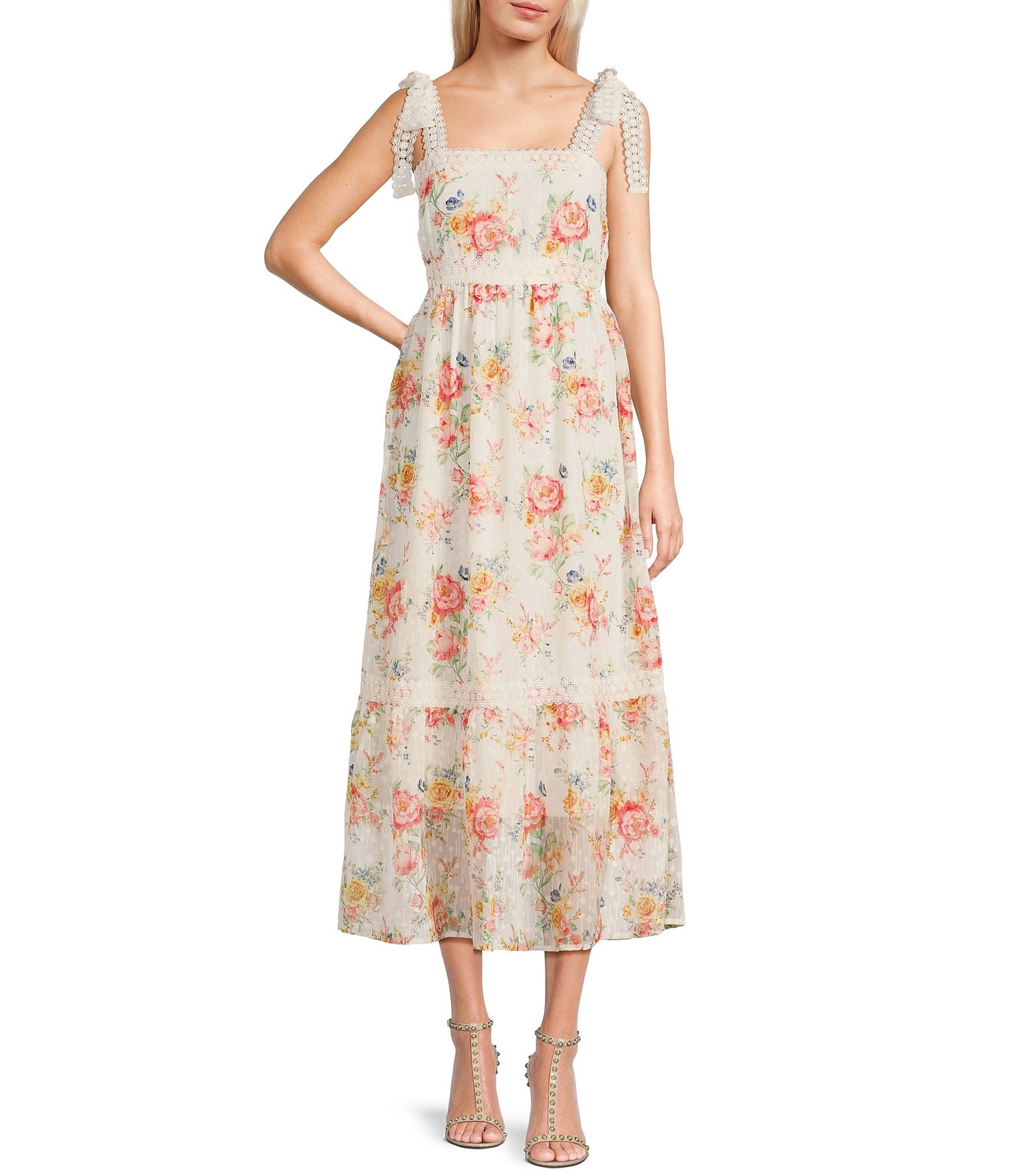 Blu Pepper Floral Print Square Neck Ribbon Tie Midi Dress