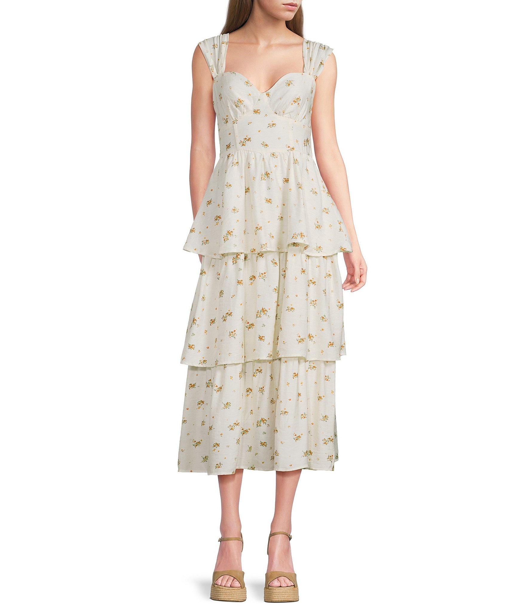 Blu Pepper Floral Printed Sweetheart Neck Tiered Midi Dress