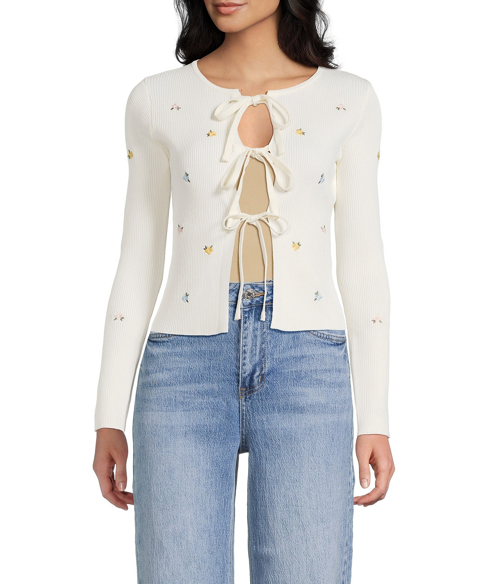 Blu Pepper Floral Tie Front Long Sleeve Cardigan