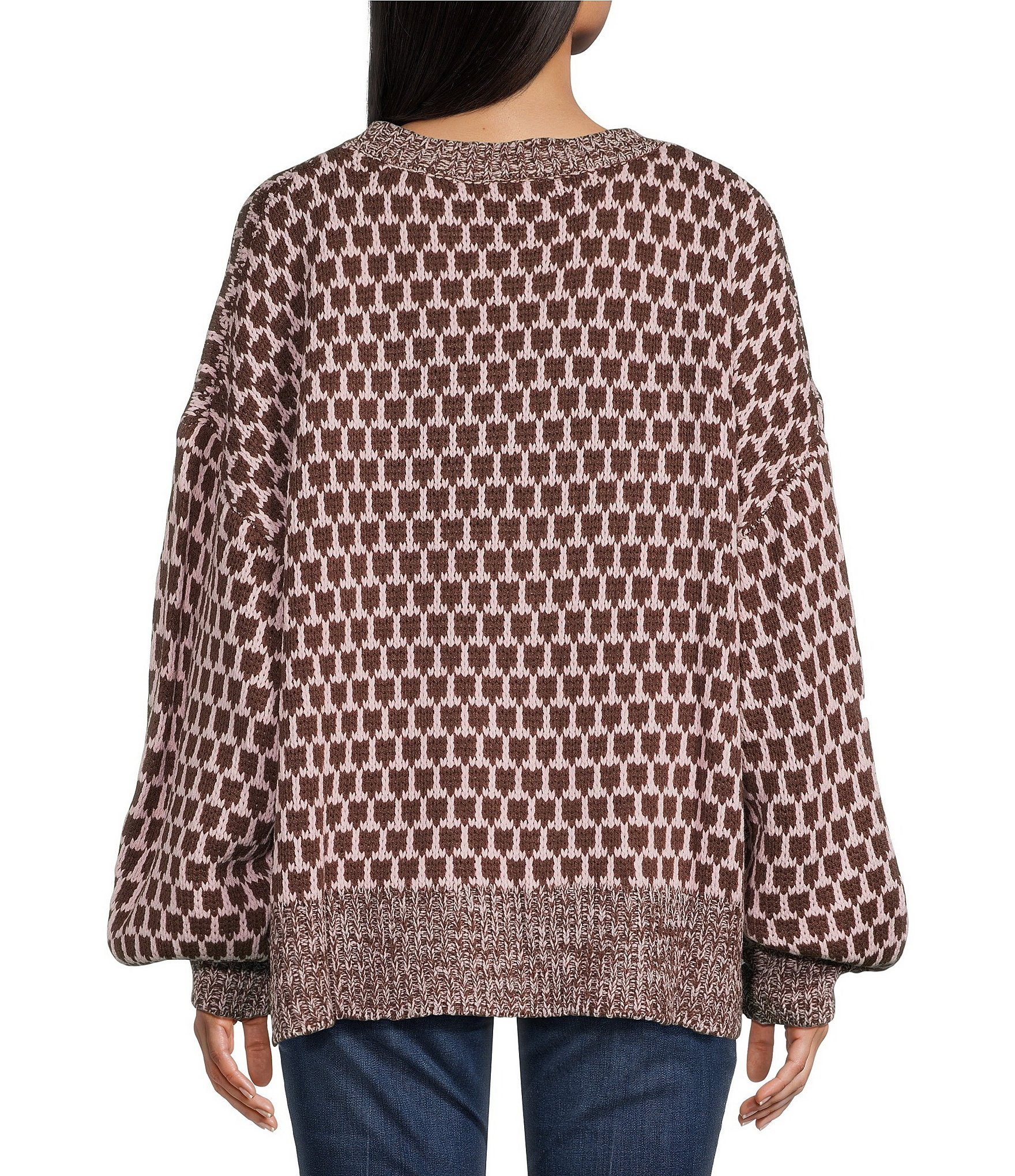 Blu Pepper Geometric Patterned Long Sleeve Marled Trim Relaxed Sweater