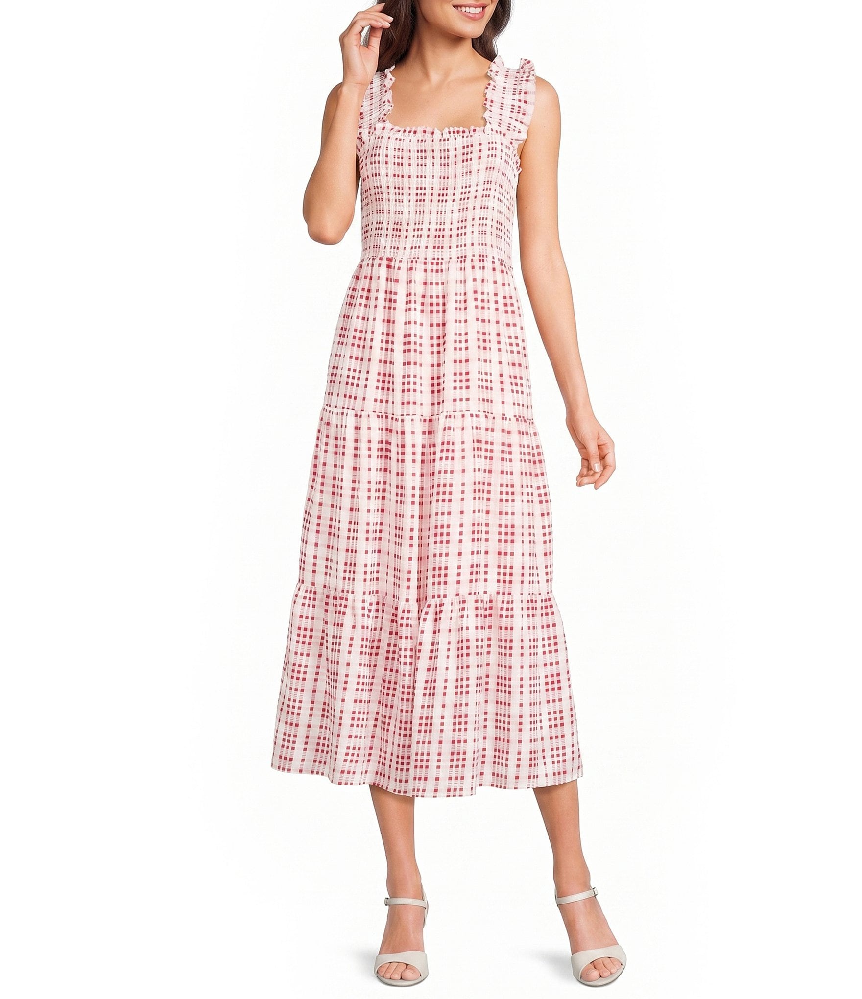 Blu Pepper Gingham Square Neck Ruffle Sleeve Smocked Midi Dress