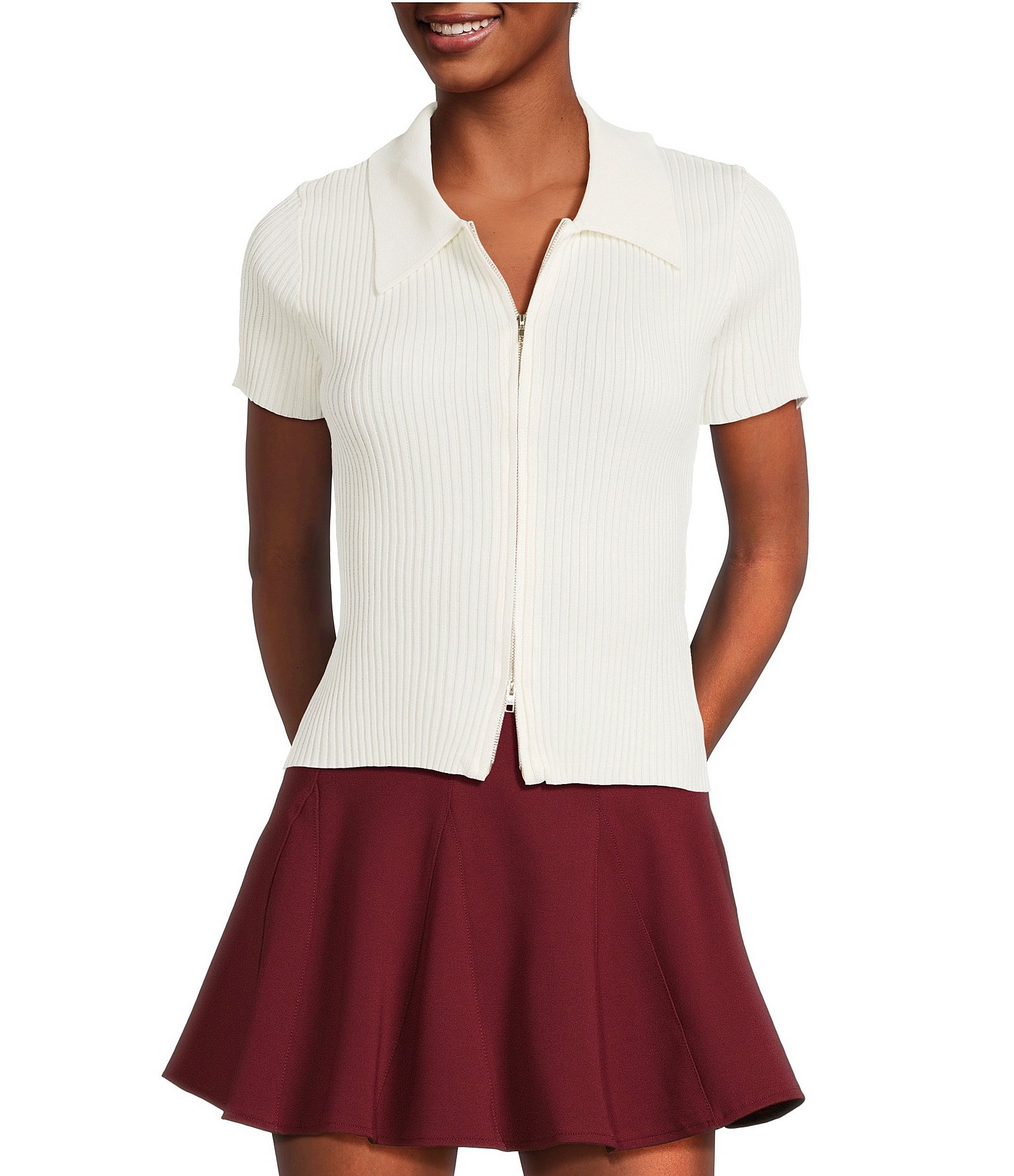 Blu Pepper Knit Collared Short Sleeve Front Zip Top