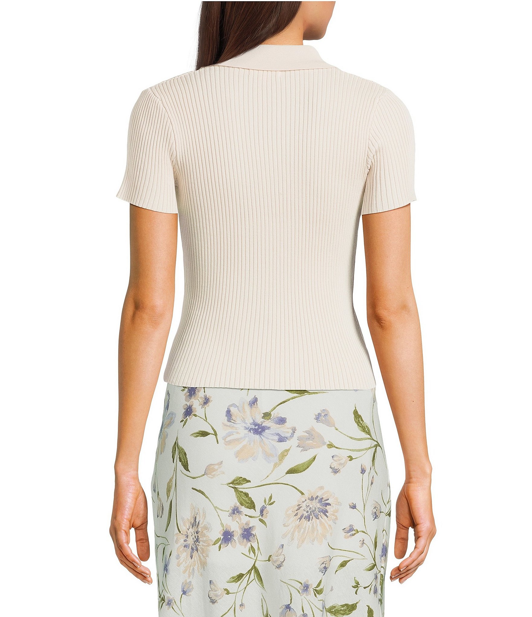 Blu Pepper Knit Collared Short Sleeve Front Zip Top