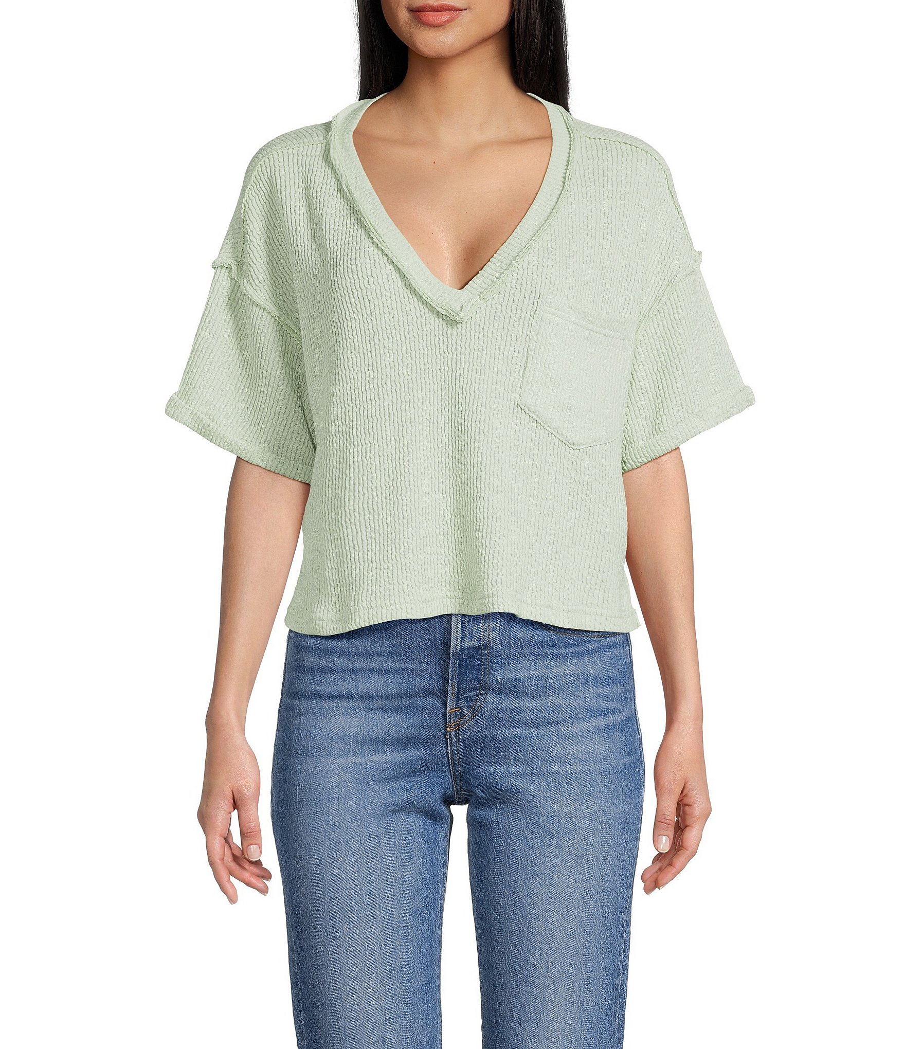 Blu Pepper Knit V-Neck Pocket Short Sleeve T-Shirt