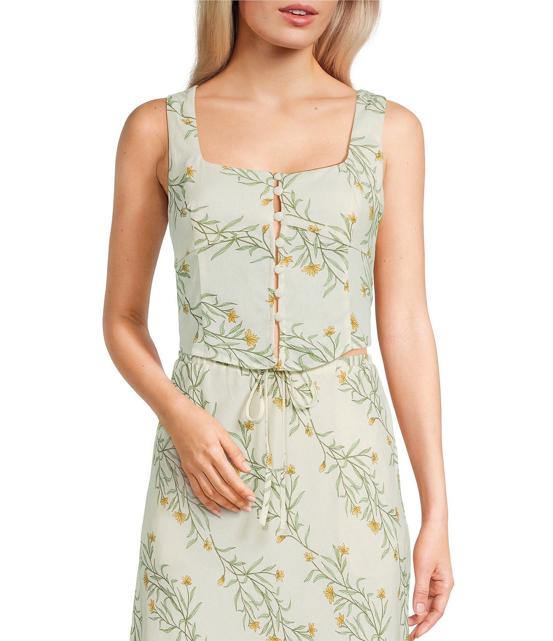 Blu Pepper Linen Blend Floral Print Coordinating Cropped Top