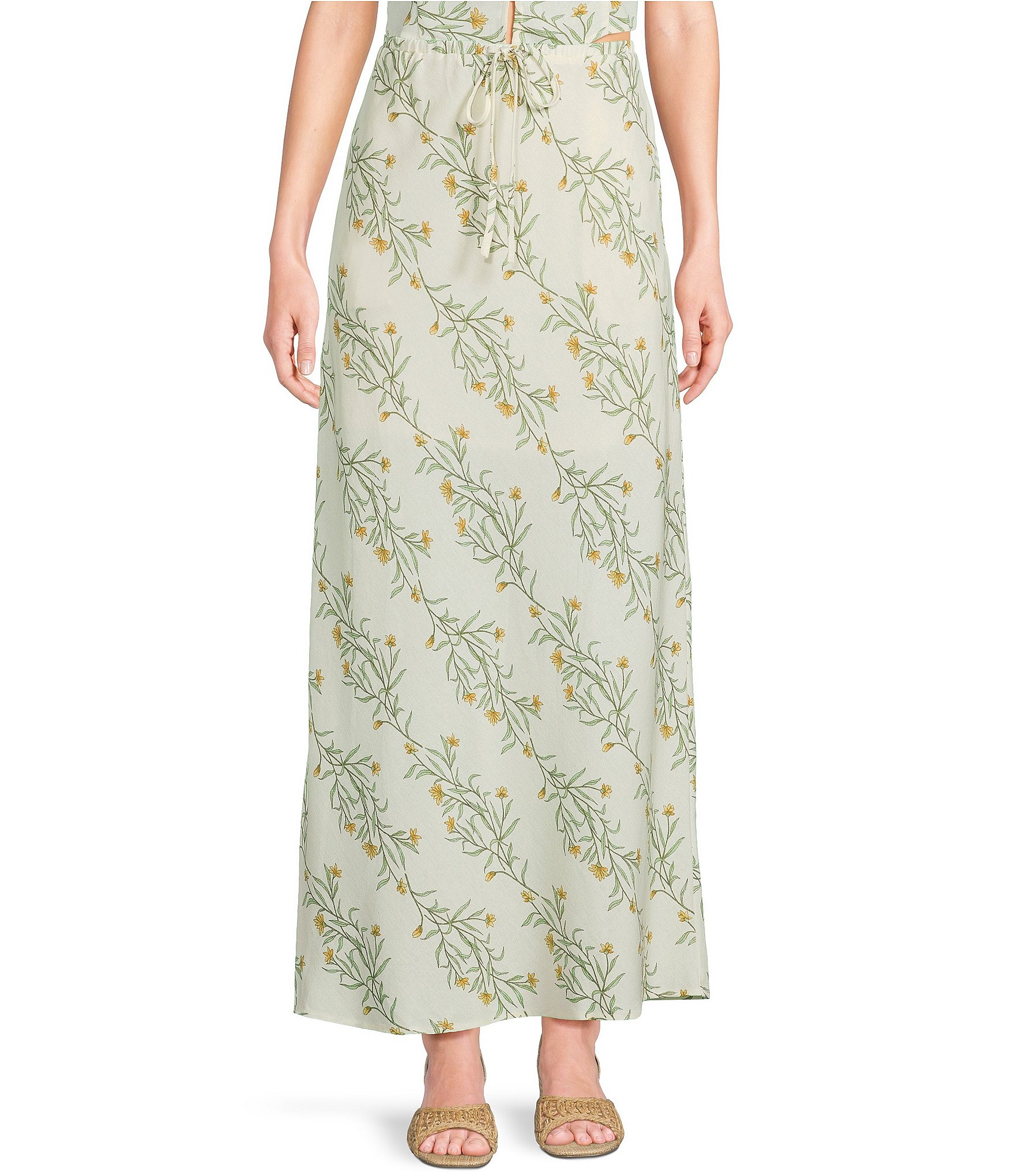 Blu Pepper Linen Blend Floral Print Coordinating Maxi Skirt