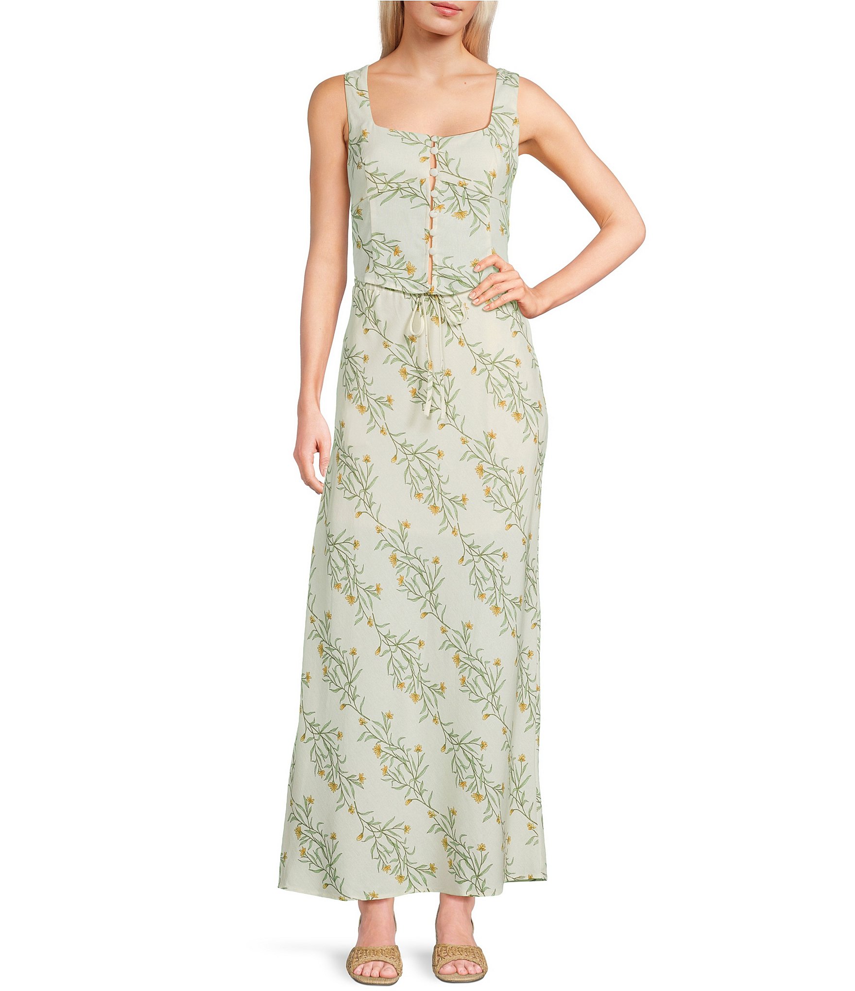 Blu Pepper Linen Blend Floral Print Coordinating Maxi Skirt