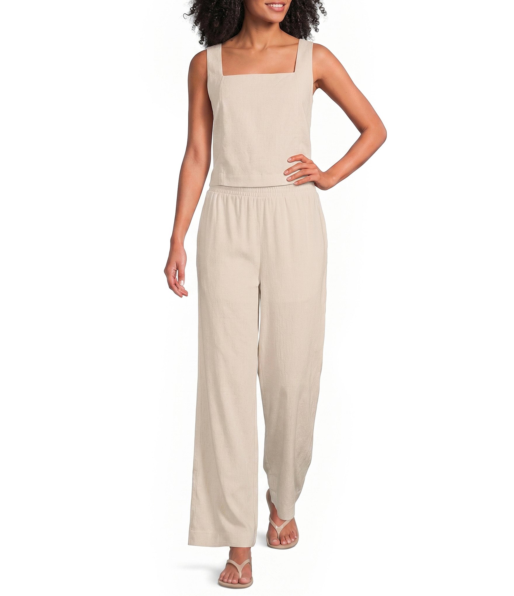 Blu Pepper Linen Blend Square Neck Button Back Coordinating Top