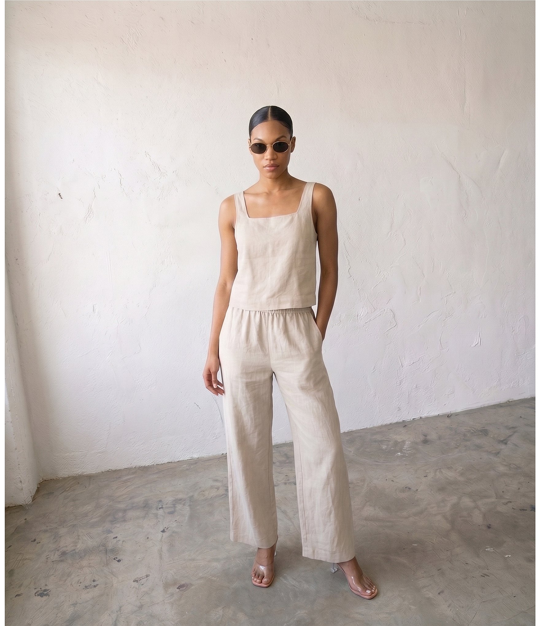 Blu Pepper Linen Blend Square Neck Button Back Coordinating Top