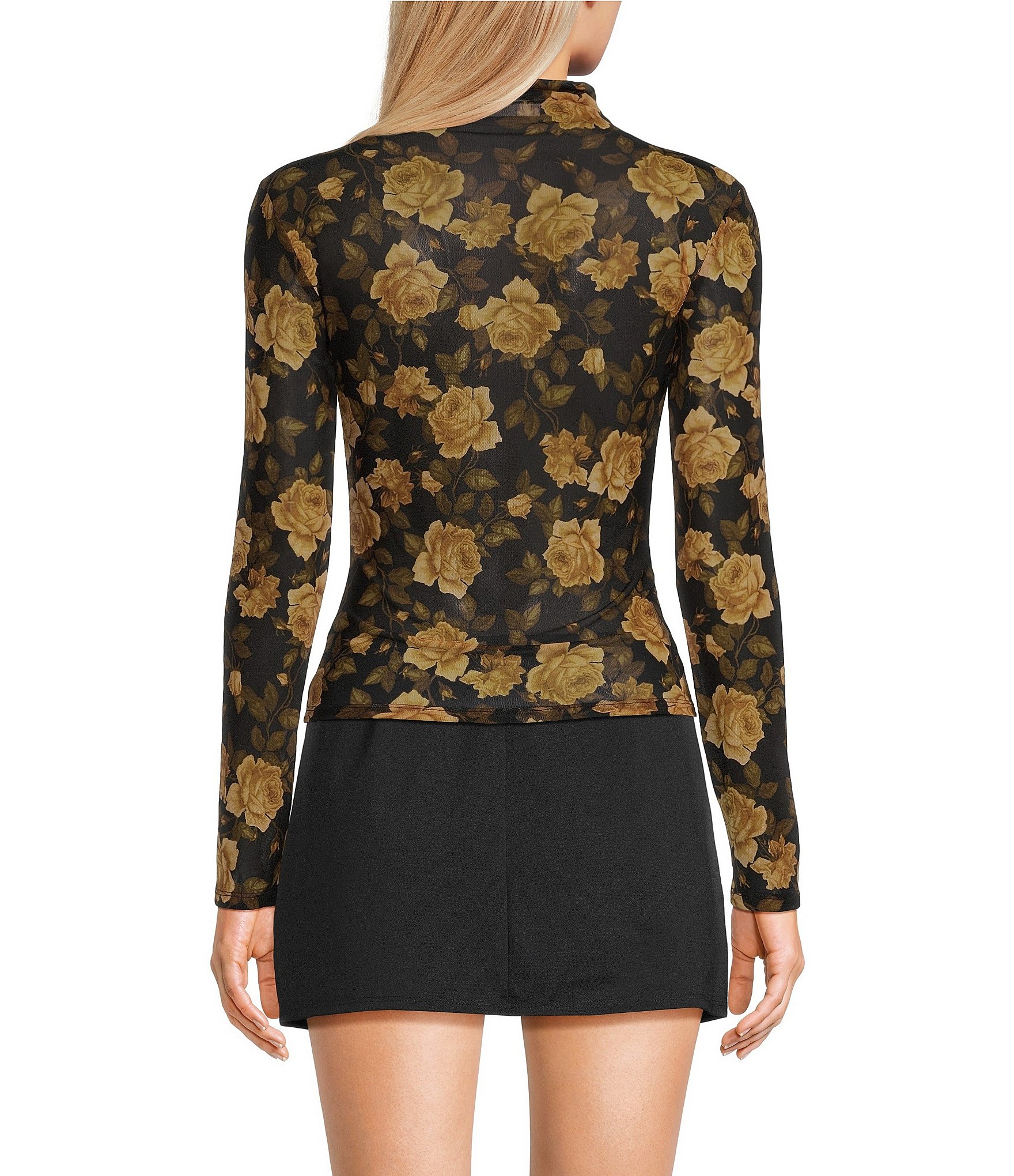 Blu Pepper Mesh Floral Printed Mock Neck Long Sleeve Top