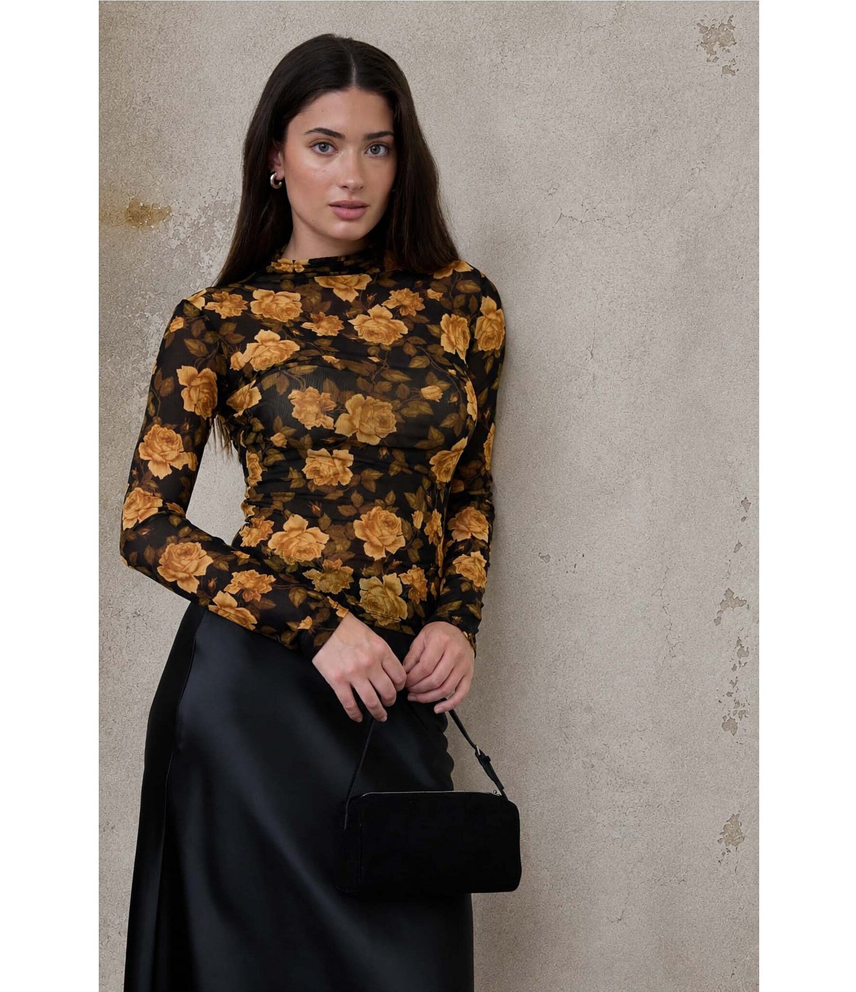 Blu Pepper Mesh Floral Printed Mock Neck Long Sleeve Top