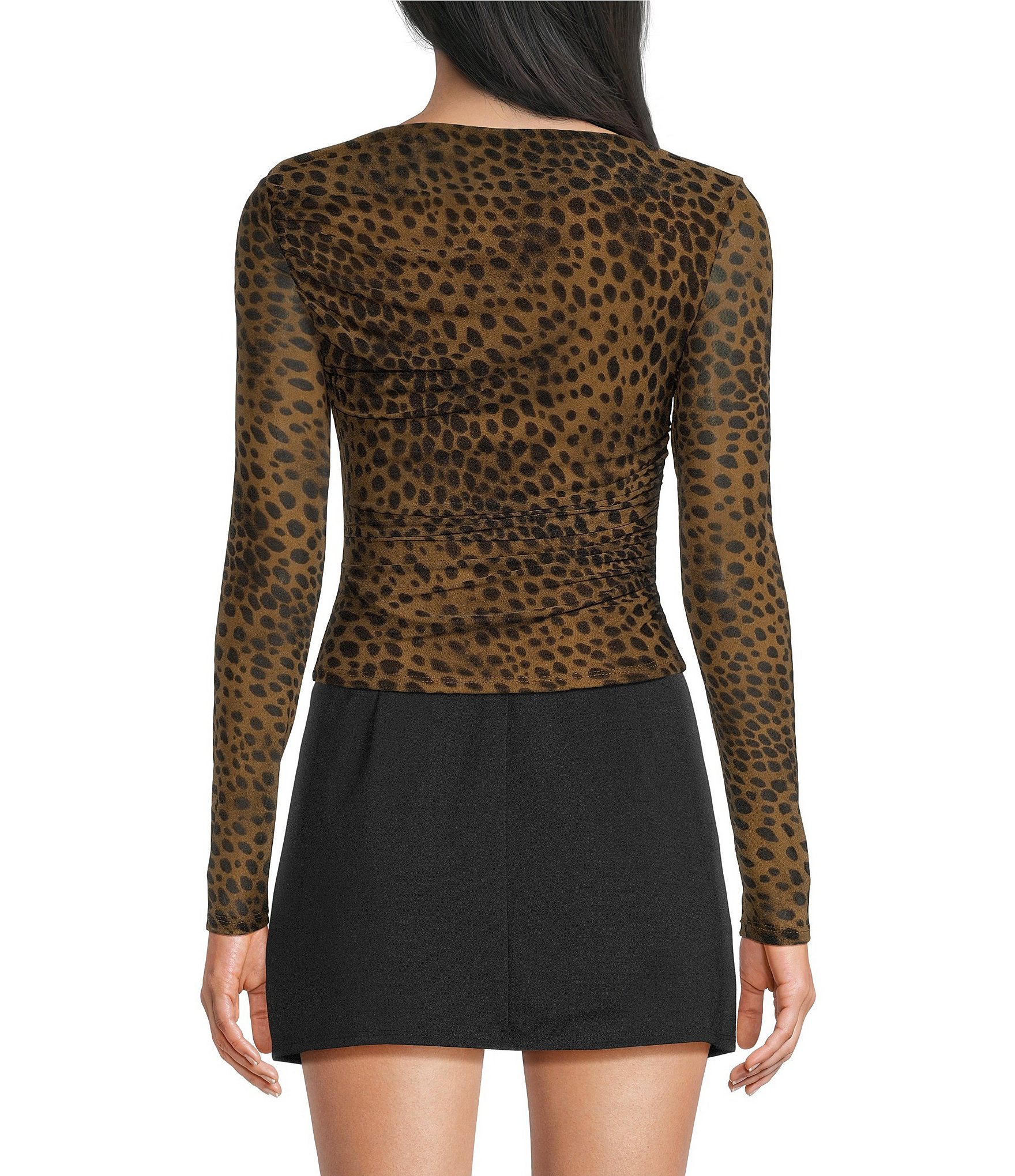 Blu Pepper Mesh Leopard Boat Neck Long Sleeve Top