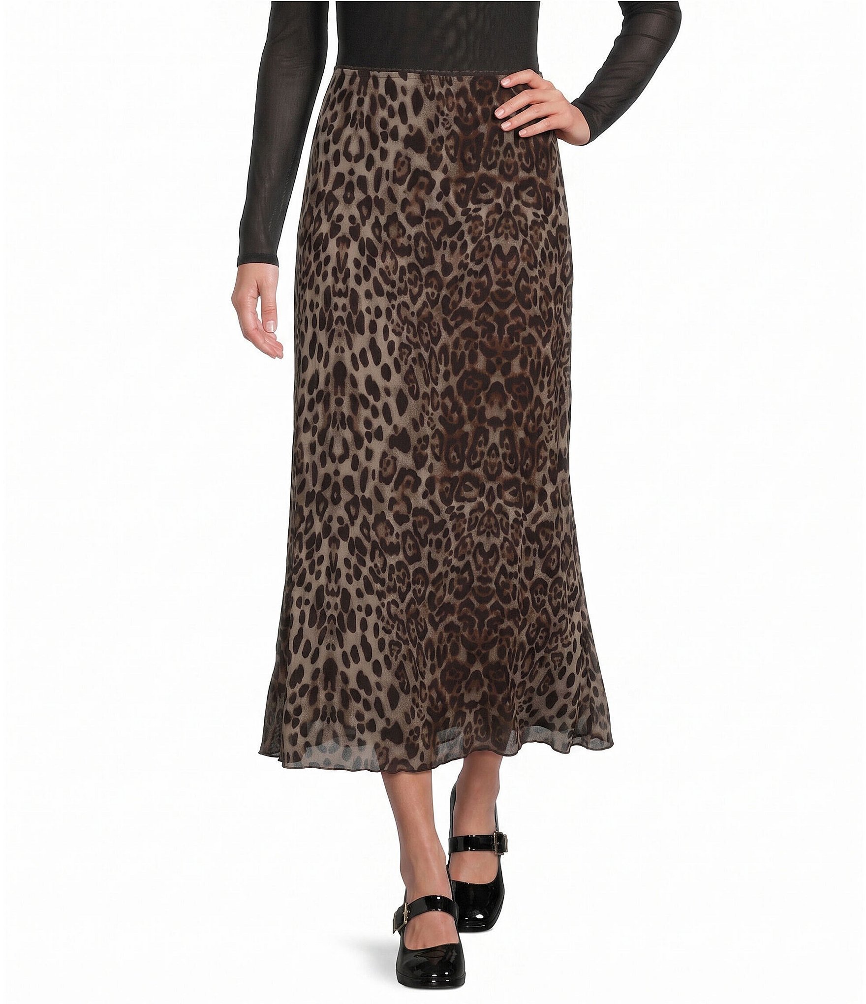 Blu Pepper Mesh Leopard Printed Midi Skirt