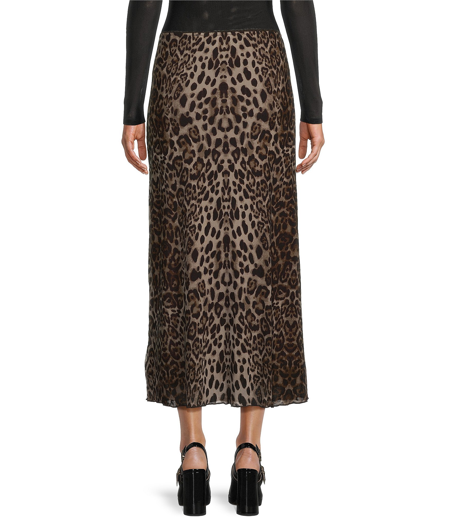 Blu Pepper Mesh Leopard Printed Midi Skirt
