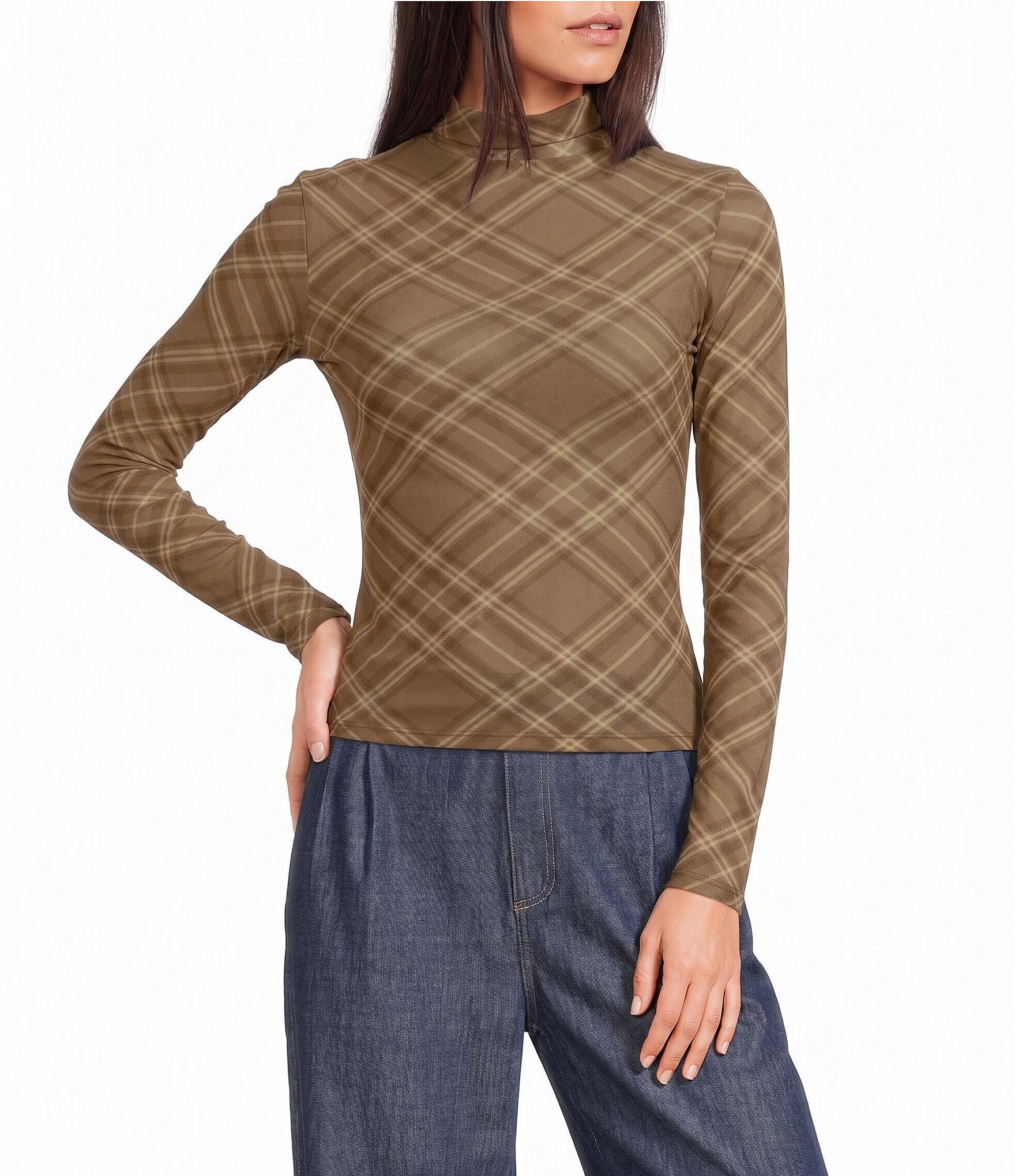 Blu Pepper Mesh Plaid Printed Mock Neck Long Top