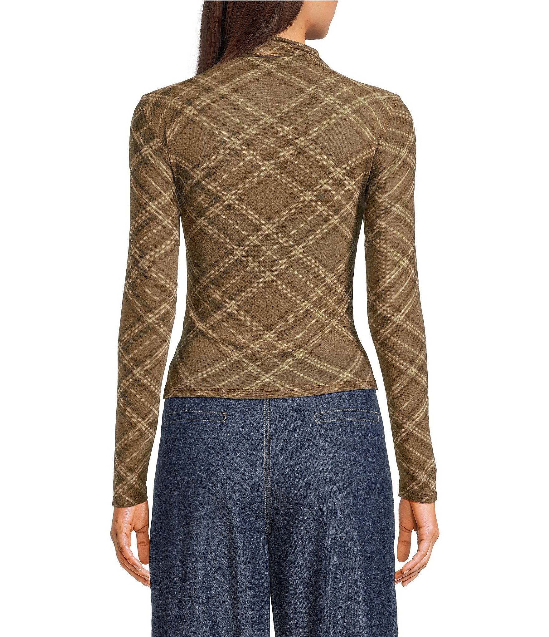 Blu Pepper Mesh Plaid Printed Mock Neck Long Top