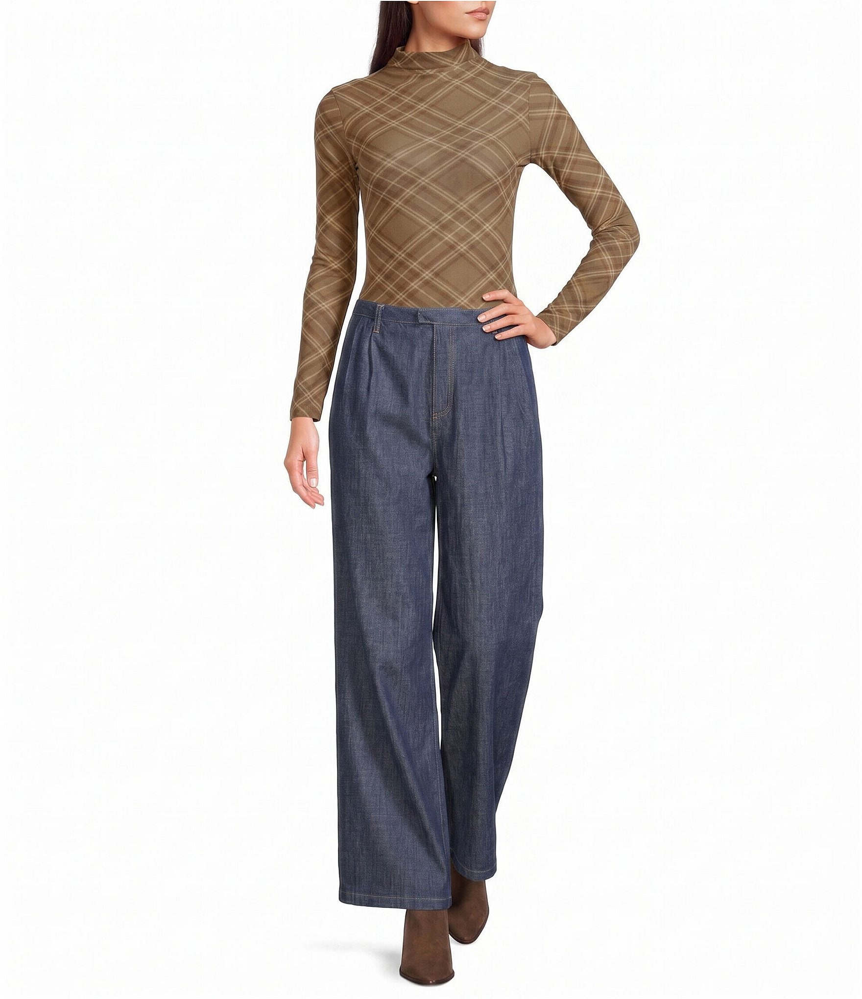 Blu Pepper Mesh Plaid Printed Mock Neck Long Top