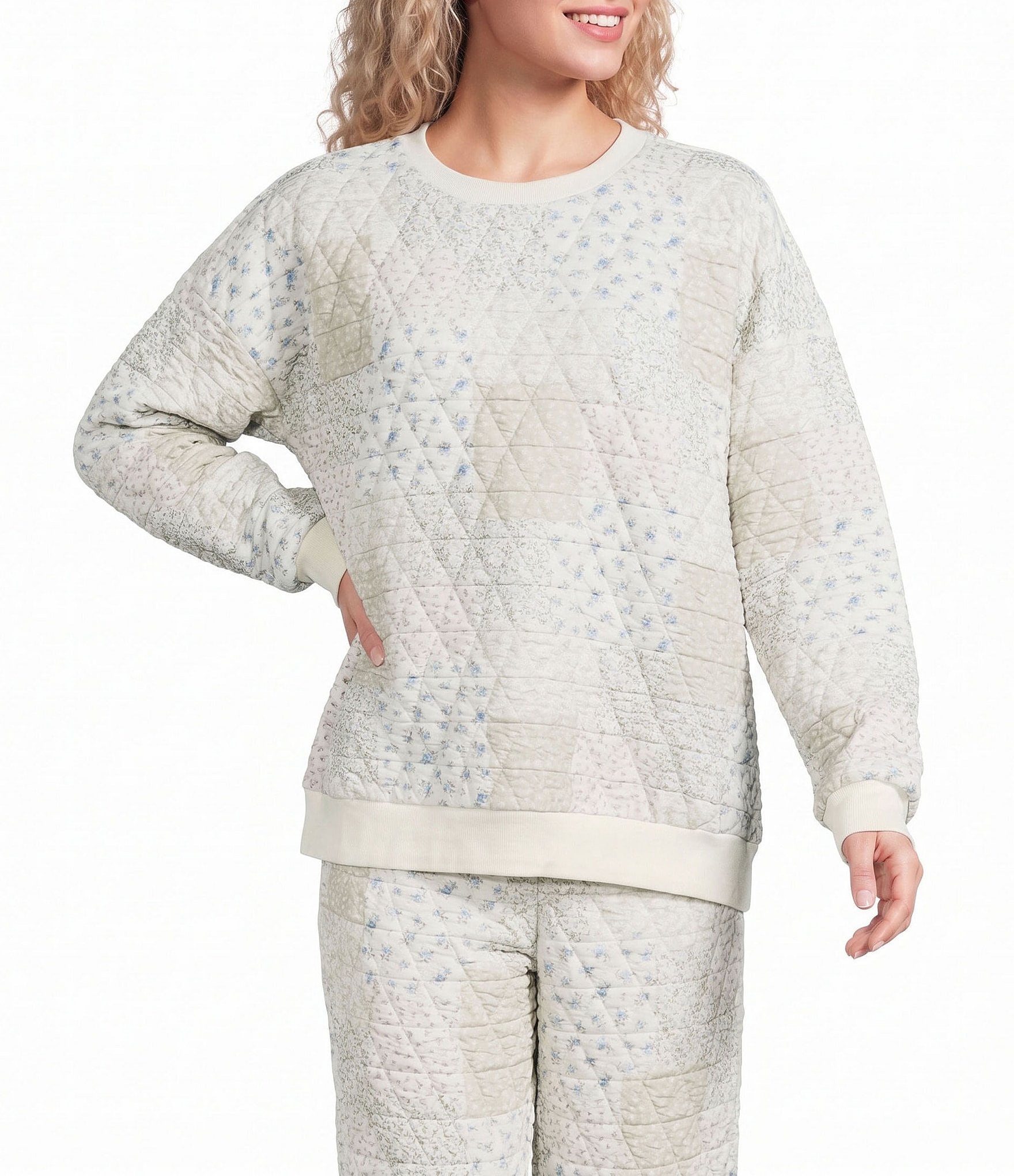 Blu Pepper Multi Floral Patchwork Long Sleeve Coordinating Crewneck