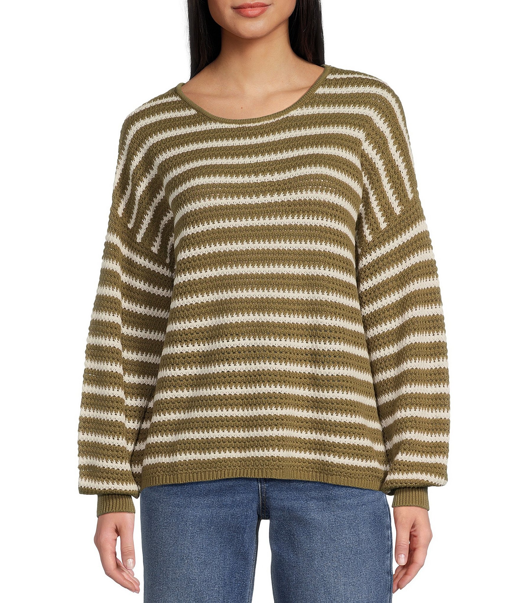 Blu Pepper Off-The-Shoulder Relaxed Stripe Knit Pullover Sweater