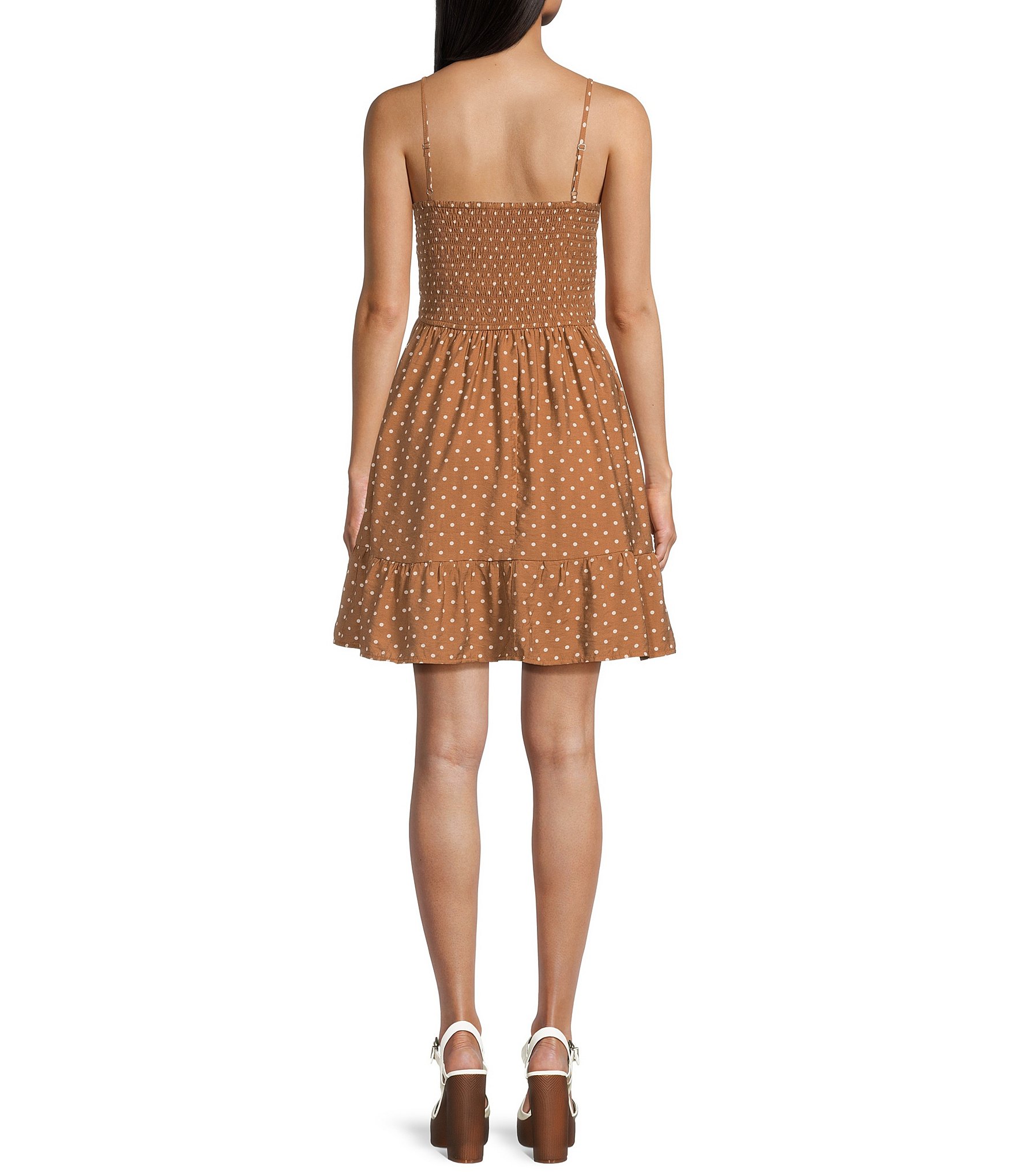 Blu Pepper Polka-Dot Smocked Bow Detail Mini Dress