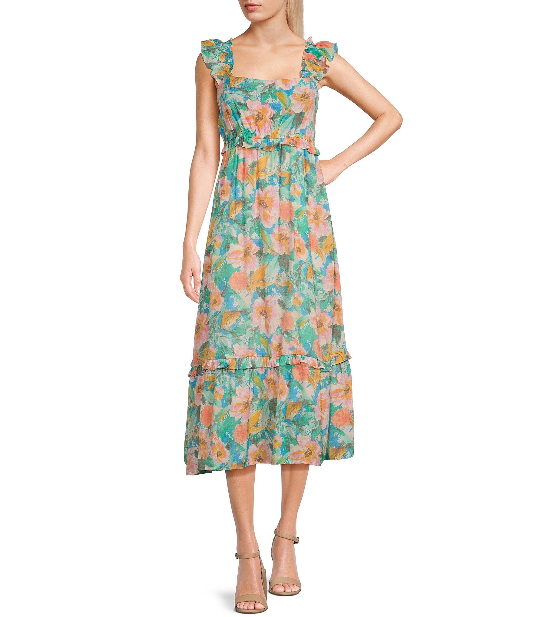 Blu Pepper Sleeveless Floral Print Ruffle Strap Midi Dress | Dillard's