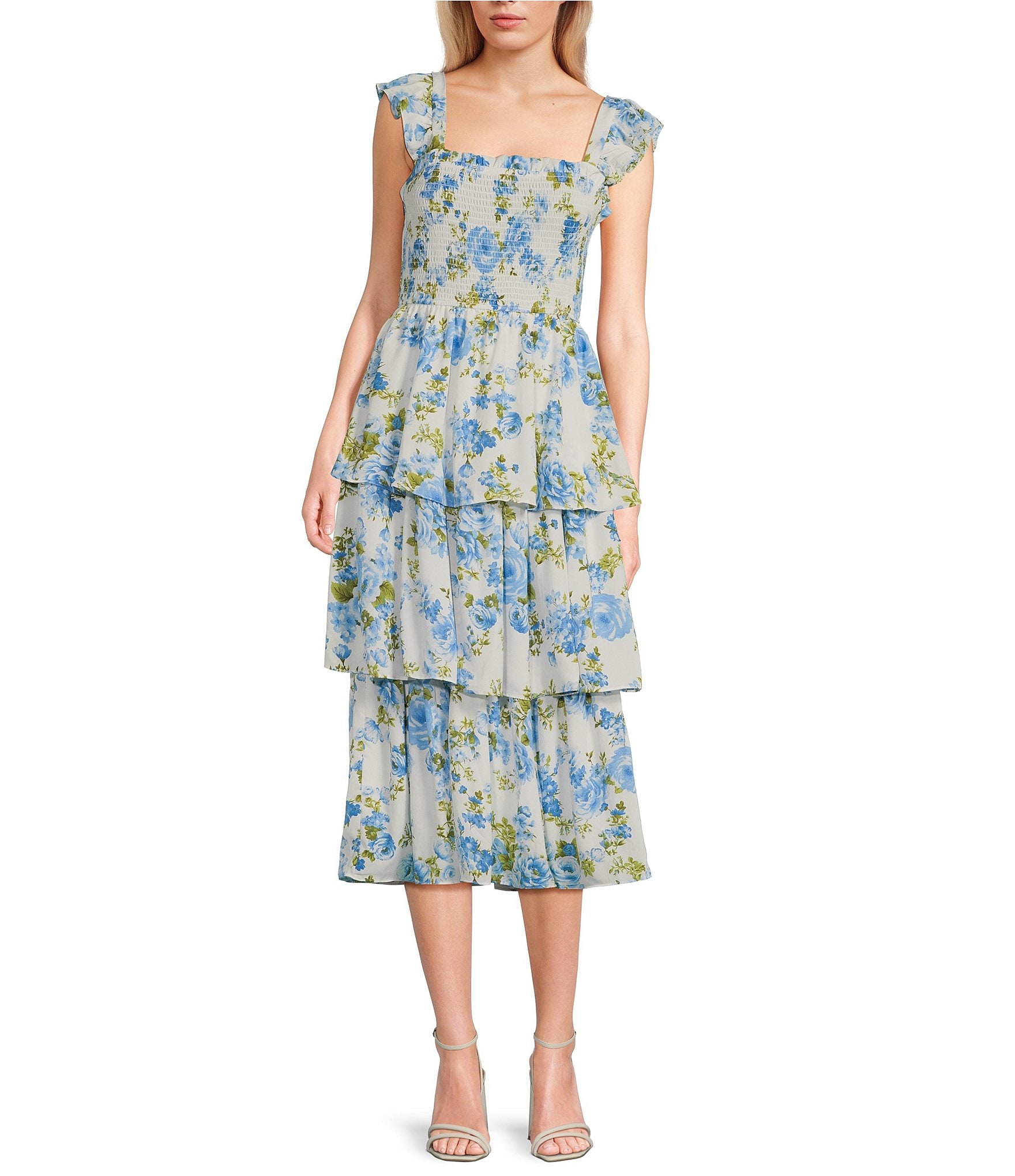 Blu Pepper Sleeveless Smoke Floral Tiered Ruffle Midi Dress | Dillard's