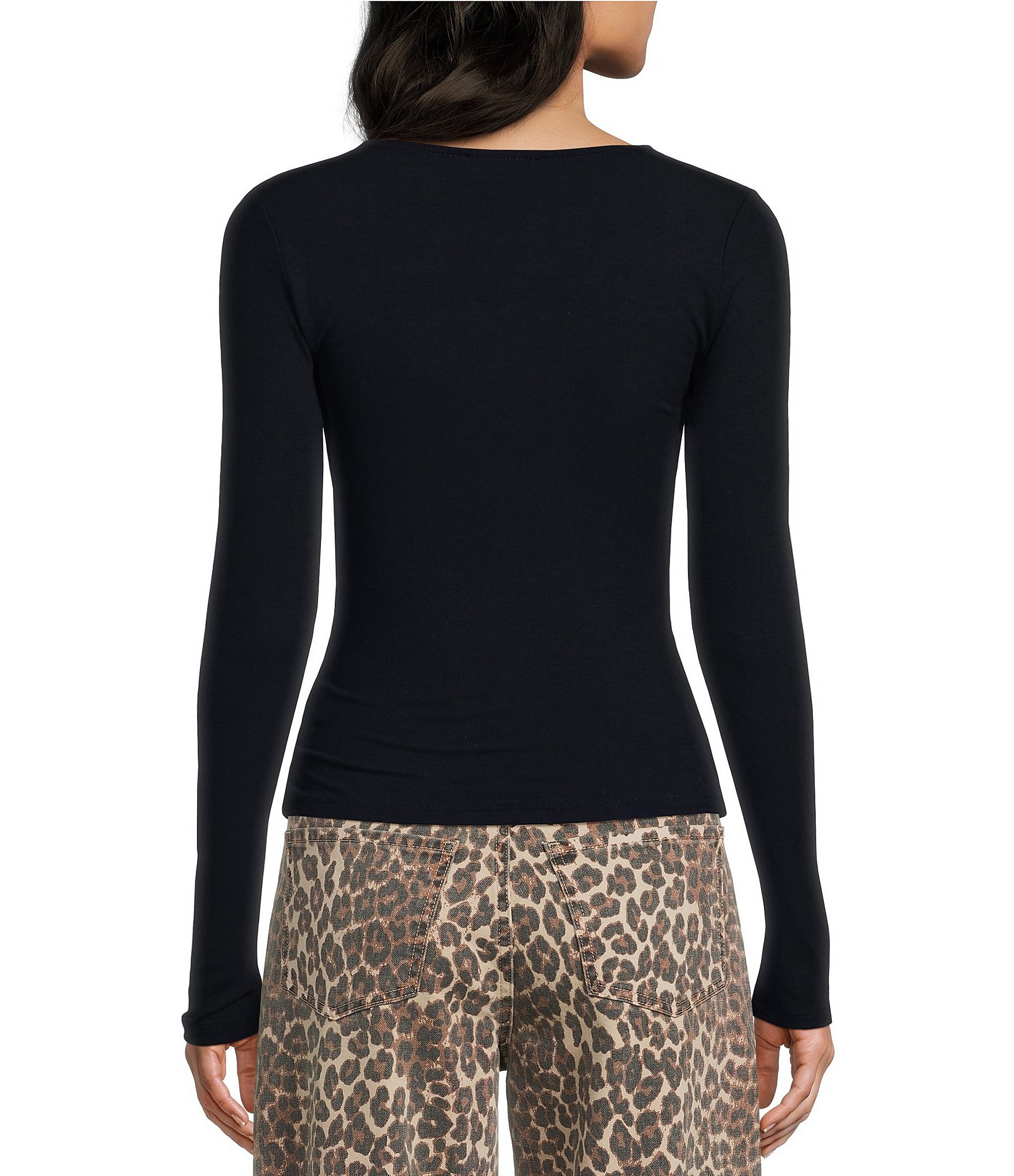 Blu Pepper Square Neck Ruched Side Long Sleeve Top